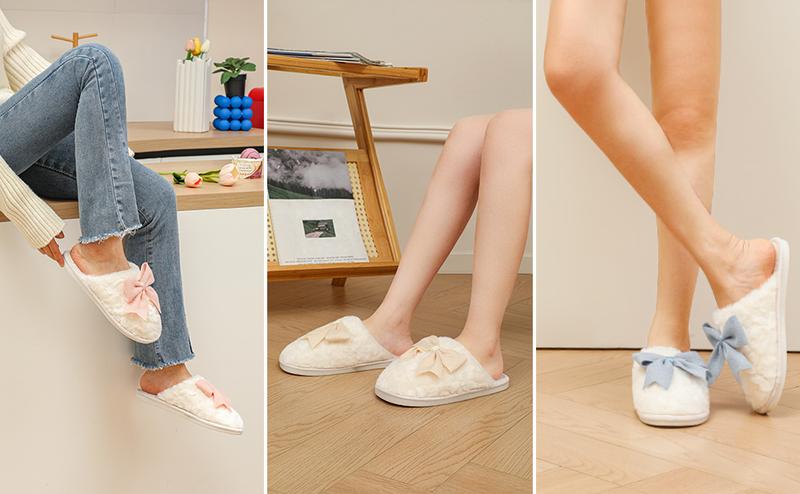 Plush Popular Fuzzy Cute Bow Slippers For Women, Non - Slip, Winter Warm Cozy House Slippers Indoor Outdoor Shoes Girl Footwear
