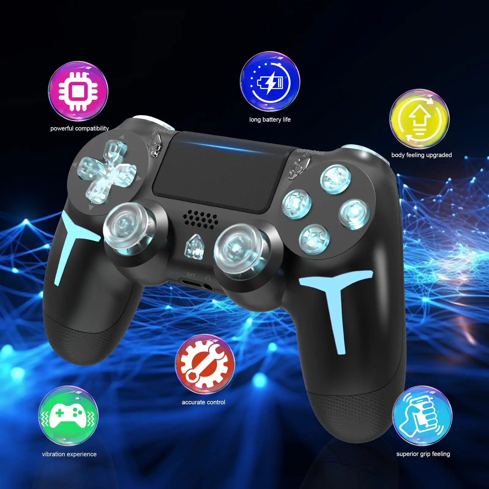 Three-color light wireless game controller, suitable for PS4, PS3, PC, RGB lighting, LED Bluetooth game controller, six-axis gyroscope, dual vibration feedback, Gaming Controller