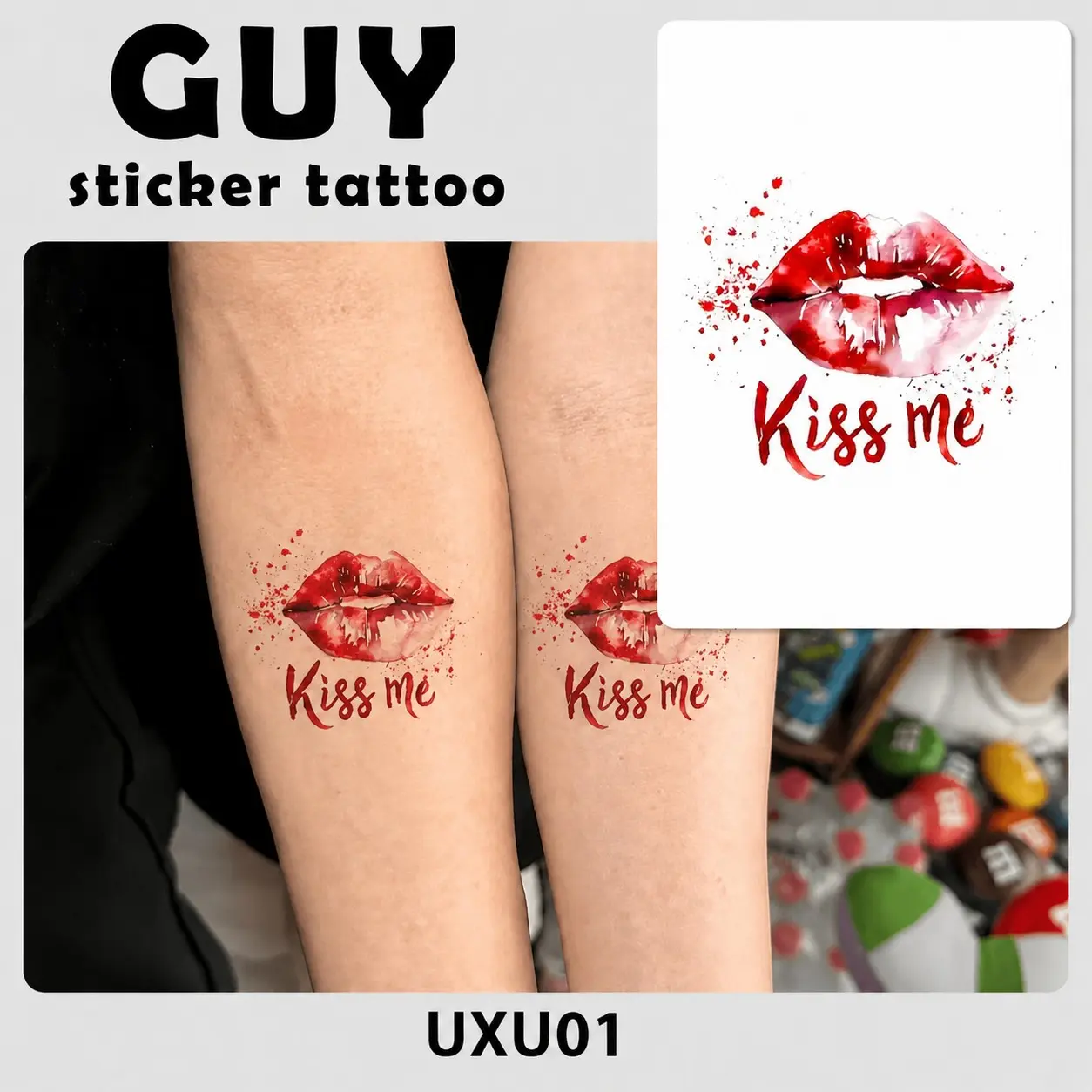 Lip Kiss Me Temporary Tattoo Sticker, Sweet Spicy Watercolor Text Tattoo, Splash Ink Personality Lips Small Pattern, Waterproof One-Time Use
