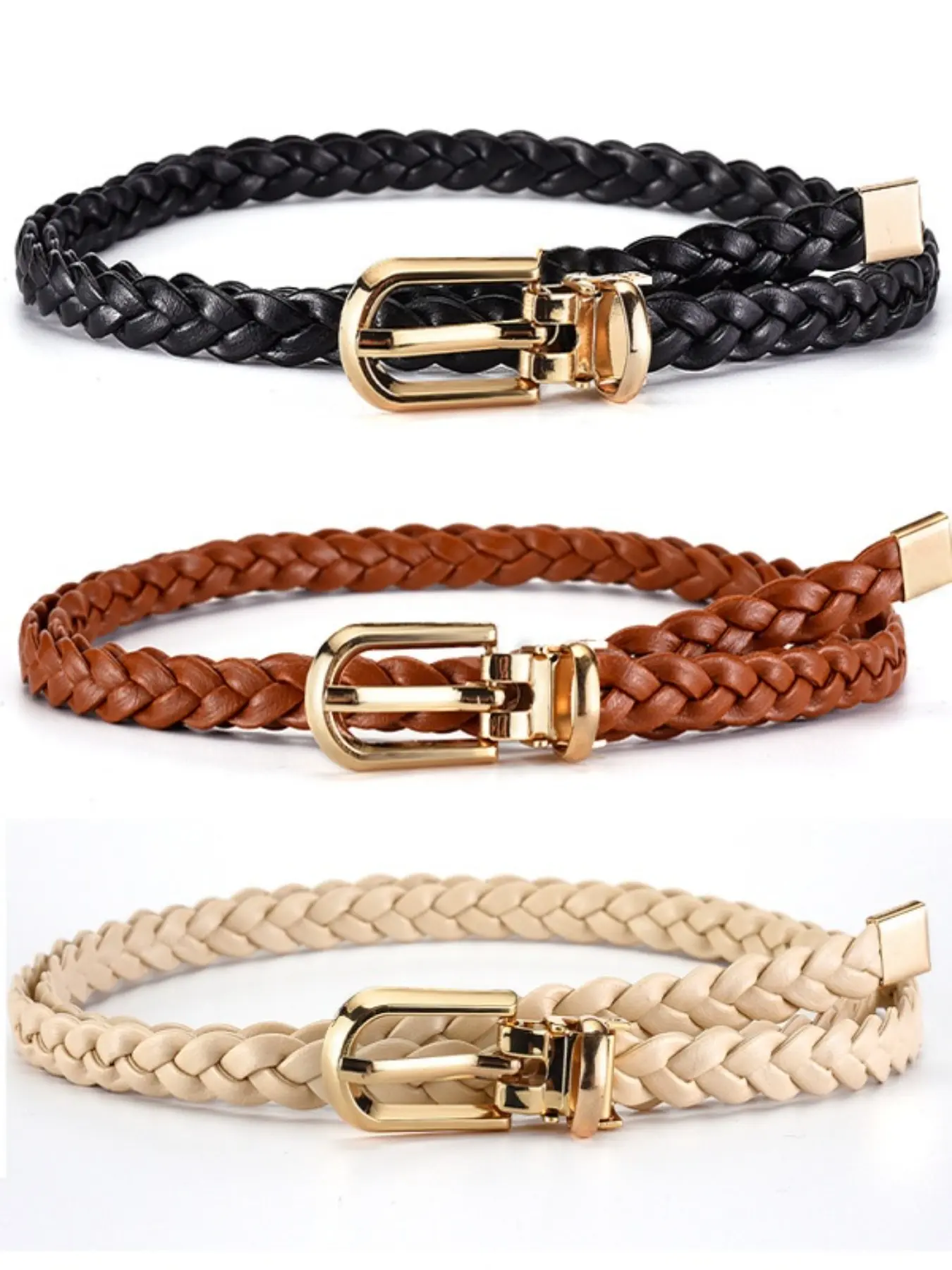 3-Piece Set Braided Thin Belt for Women, Versatile Dress Accessory, Simple Metal Buckle Leather Strap, Bohemian Style Waistband
