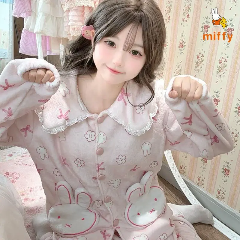 Women's Long-Sleeve Loose-Fitting Pink Cartoon Miffy Pajama Set - Comfortable Dopamine Nightwear, Creative Kawaii Anime Loungewear, XXL Size, Ideal Gift for Anime Lovers (Toys & Hobbies DIY Felt Crafts Accessory)