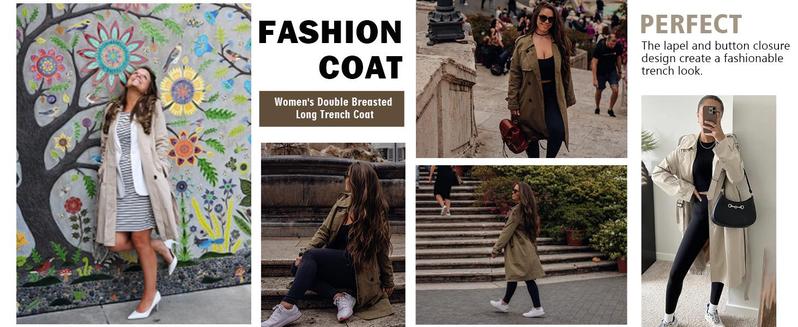 Imily Bela Women's Double Breasted Long Trench Coat Windproof Classic Lapel Slim Overcoat with Belt