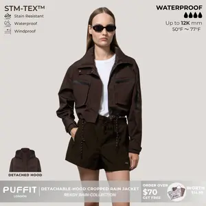 PUFFIT STM-TEX Cropped Detachable Hood Summer Rain Jacket with Drawstring Hem,WaterProof,Stain Resistant,Windproof,Women's Rain Jacket,Breathable Stylish,Inner Pocket Design,Outdoor Sport,Spring Jacket,School Running,Dog Walking,Football Mum
