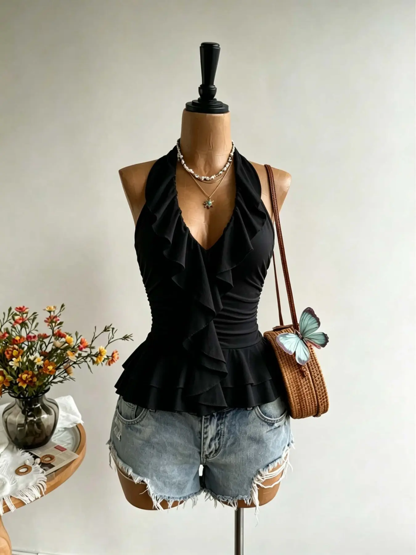 Crop Top with Ruffle Hem, Slimming Waist Design, A-Line Sleeveless Knitted Backless Tank, Elegant Beach Daily Vacation Date Wear, Spring Summer Autumn