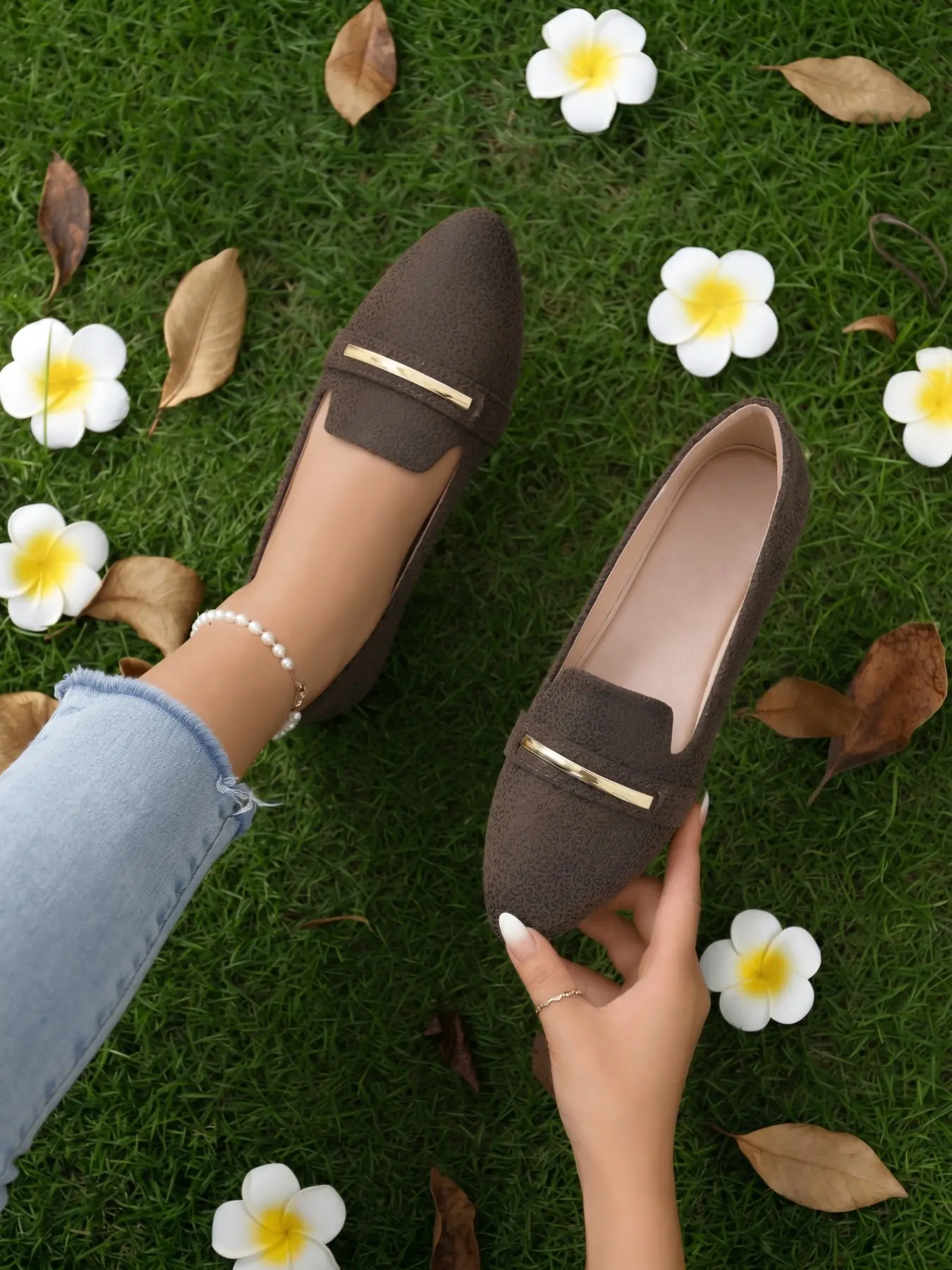 Women's Pointed Toe Metal Bar Penny Loafers, Leopard Print & Solid Faux Suede Slip-On Ballet Flats, Formal Casual Flats, Shoes with Ergonomic Anti-Blister High Elastic Insole & Non-Slip Rubber Sole, Multi Colors for Office, Commute, Wedding, Travel