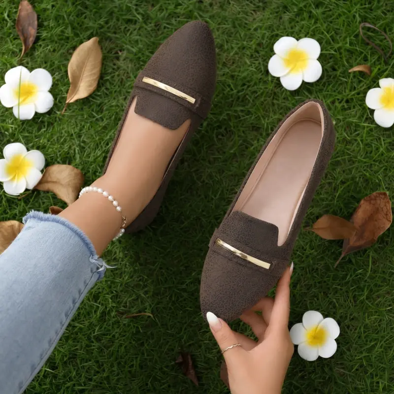 Women's Pointed Toe Metal Bar Penny Loafers, Leopard Print & Solid Faux Suede Slip-On Ballet Flats, Business Style Flats, Shoes with Ergonomic Anti-Blister High Elastic Insole & Non-Slip Rubber Sole, Multi Colors for Office, Commute, Wedding, Travel