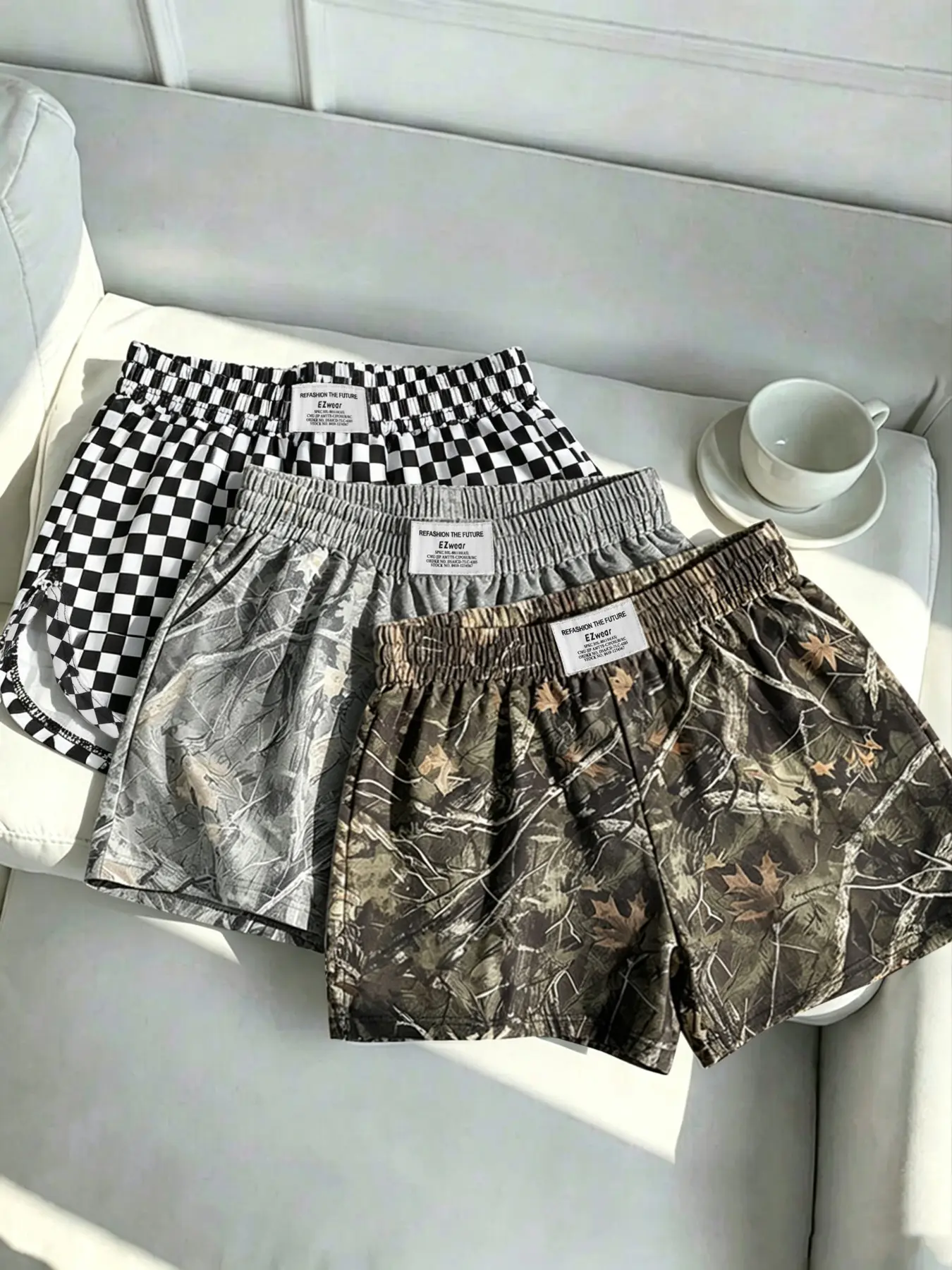 Women's Casual Baggy Loose Fit Shorts, Elastic Waist Camouflage Print and Solid Color, Summer All-Season Versatile Pants, 3 Piece Set, Bottoms, Clothes
