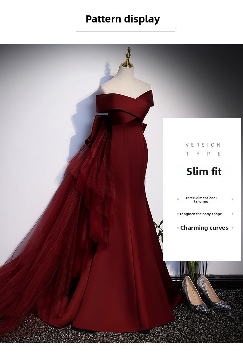 2026 New Style Wine Red Fishtail Toast Dress, Female Vocal Music Art Exam Evening Dress, Annual Party Host Off-the-Shoulder Light Wedding Dress