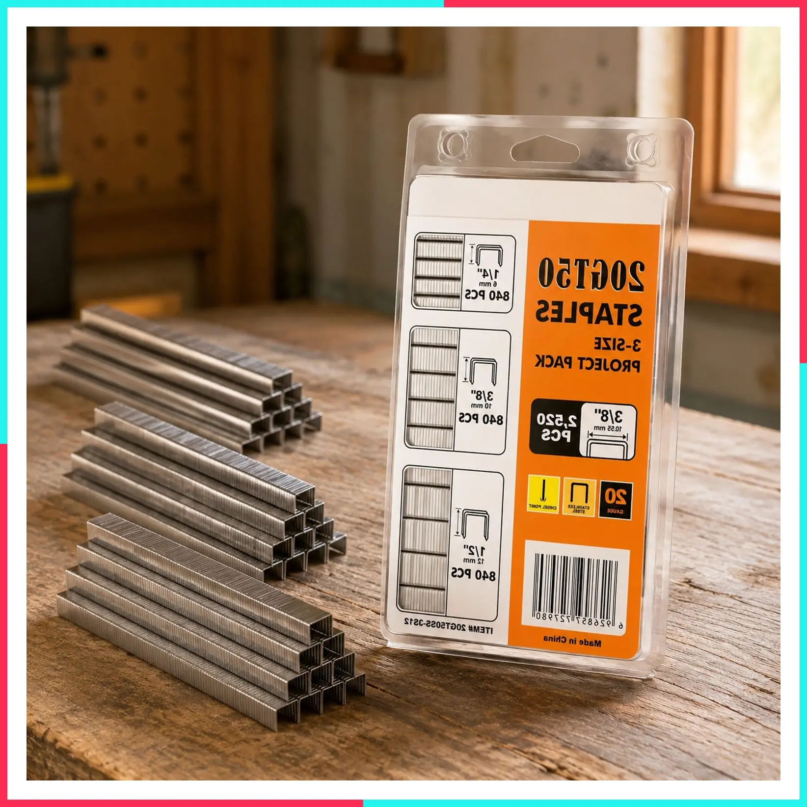 T50 Stainless Steel Staples, 2,520 Count Assorted 1/4", 3/8" & 1/2" Staples, 20 Gauge 3/8" Crown Upholstery Staples for Staple Gun, 304 Stainless Steel for Marine Use