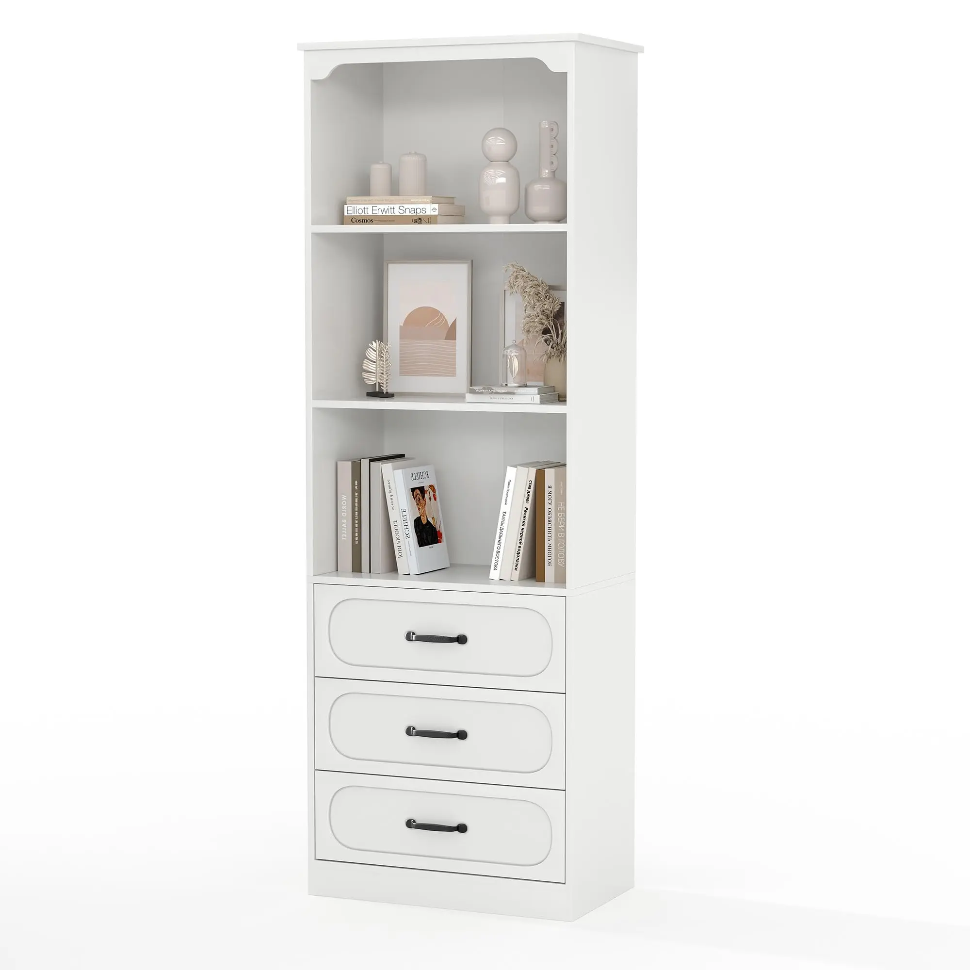 Versatile Tall Bookshelf Organizer -3 Drawers, 3-Tier Open Wooden Bookcase, Adjustable Shelf Storage Cabinet, Floor Standing