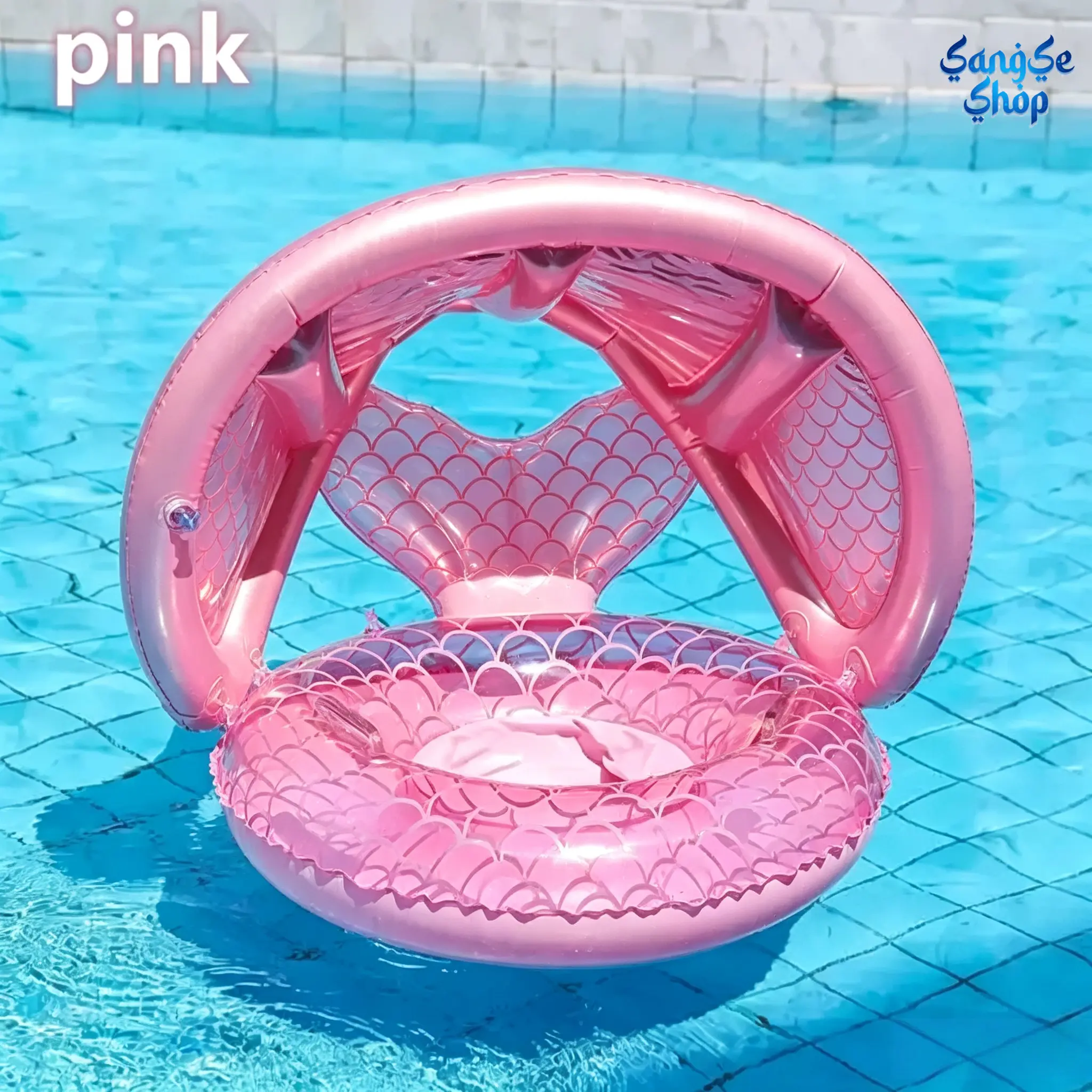 Mermaid Tail Swimming Ring Pool Float for Kids with Sun Protection Canopy, Durable PVC Inflatable Toy for Beach & Summer Vacation, Pool Accessories, Beach Party, Tail Shape, Water Play, Uv Protected