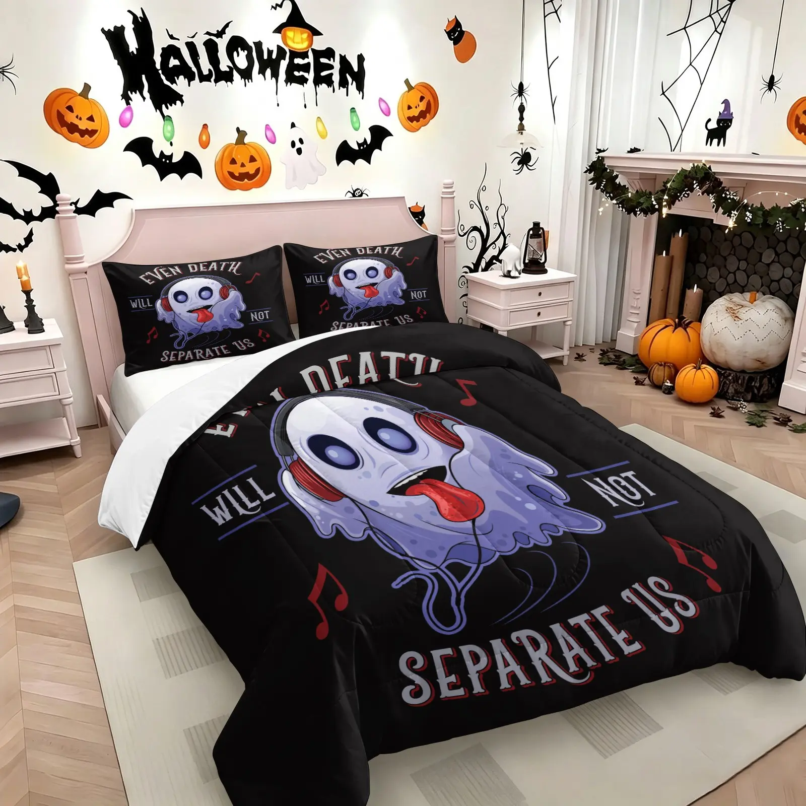 Sweet and Cool Music Chibi Cute Ghost Halloween Comforter Set, Soft Warm Polyester Fiber Wadding, 1 Quilt and 1-2 Coreless Pillowcases, Lively Trendy Style Holiday Bedroom Kids Room Dorm Decoration