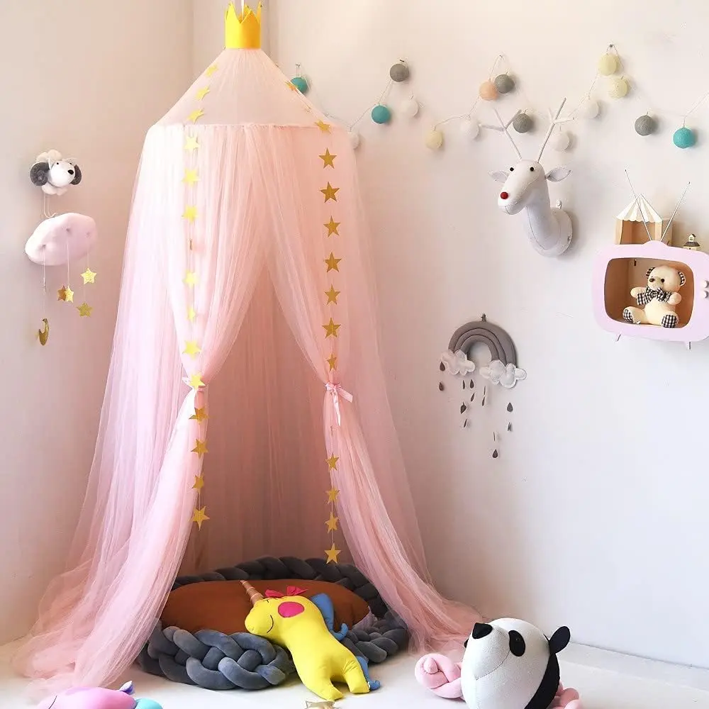 Dreamy Pink Princess Bed Canopy with Stars Decor, Soft Flowy Easy to Install Canopy for Girls Room Crib Bed Reading Nook