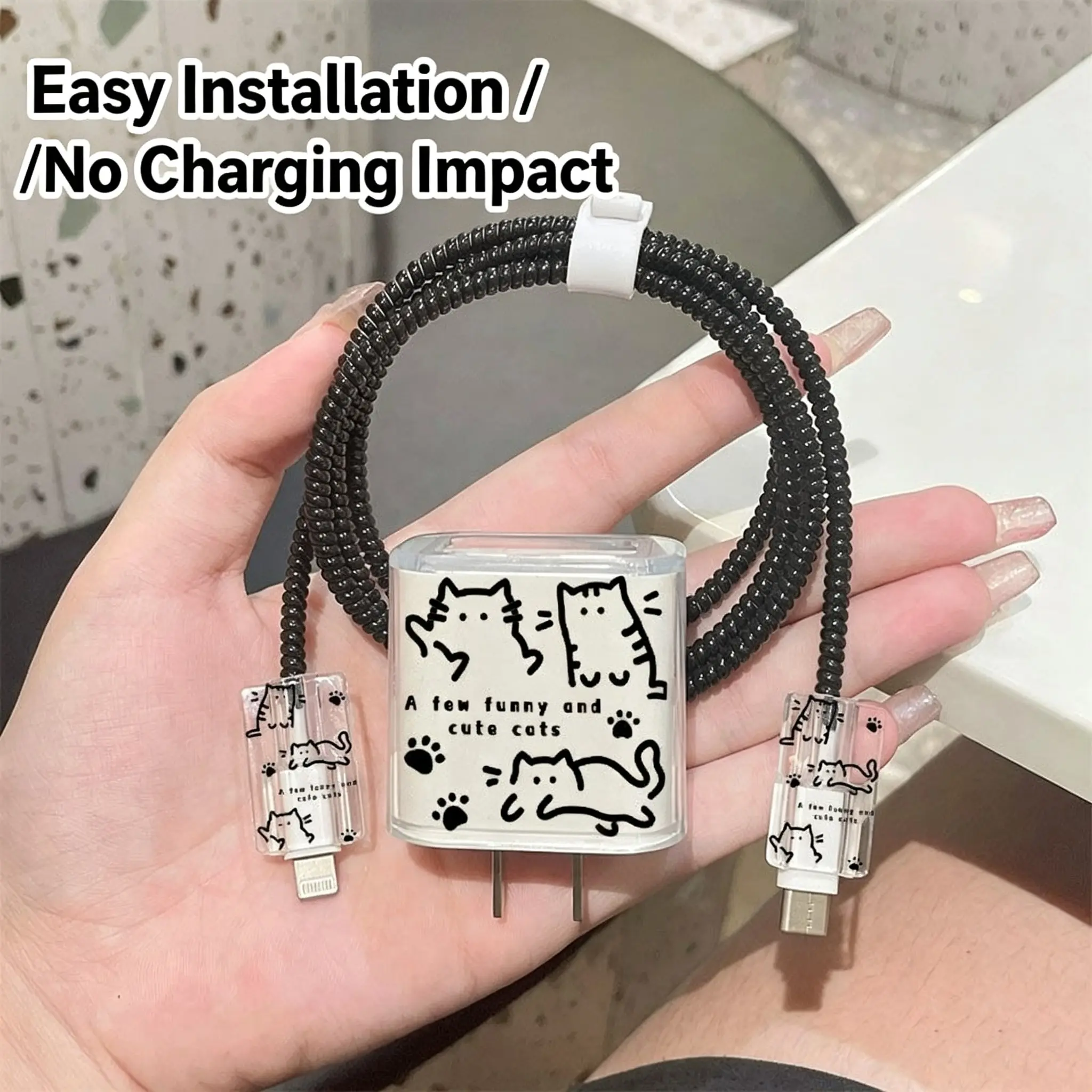 Cute Cat Charger Protection Set, Transparent Case with Paw Print Design, Spiral Cable Protector, iPhone 18w 20w PD Charging Accessories