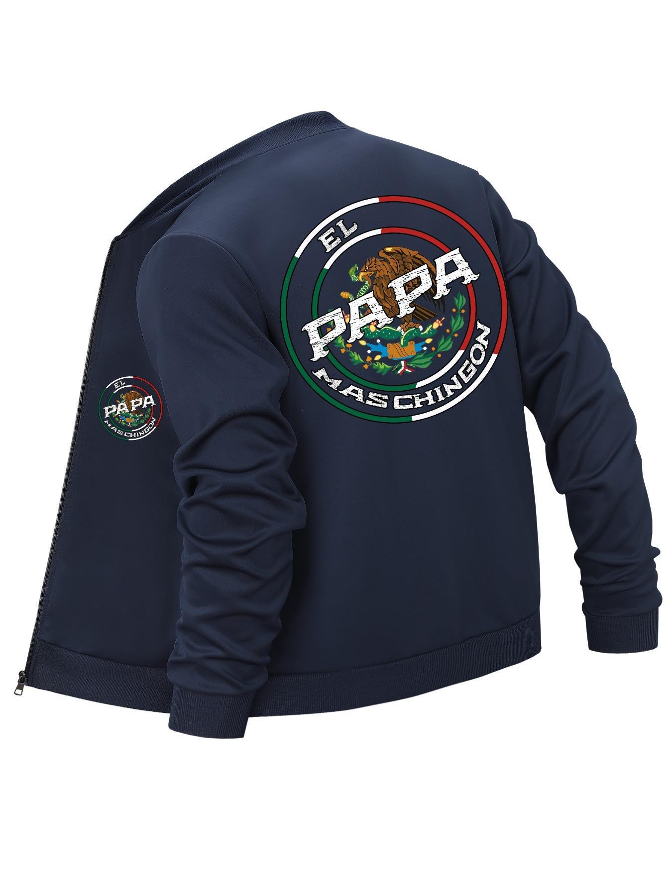 Men's Mexico Flag Print Bomber Zipper Jacket, Regular Fitted Casual Letter Print Long Sleeve Baseball Collar Outerwear for Spring & Fall, Baseball Jacket, Fashion Men's Clothes for Daily Wear, Men's Clothing