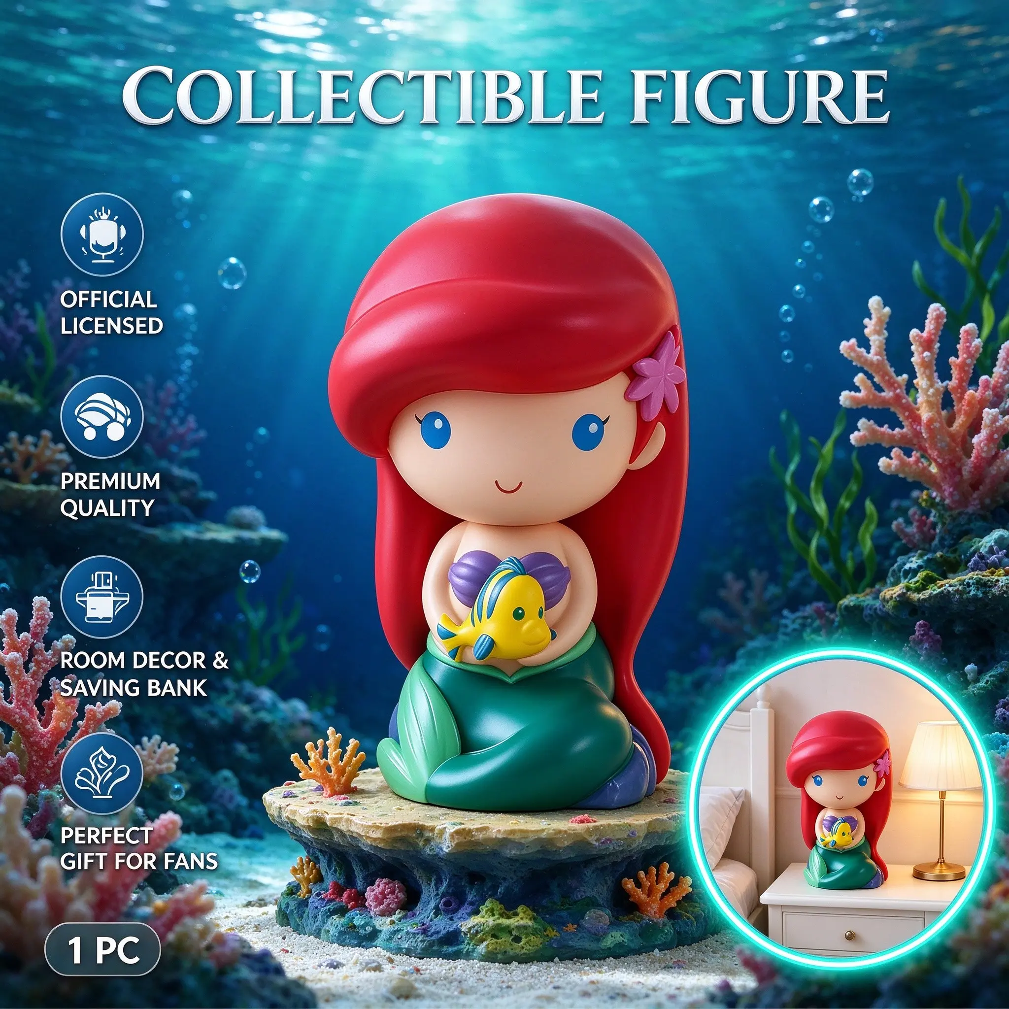 Disney Official Licensed Ariel Mermaid Coin Bank, Chibi Figure Room Decor, Collectible Fan Gift, Halloween Birthday Christmas Present