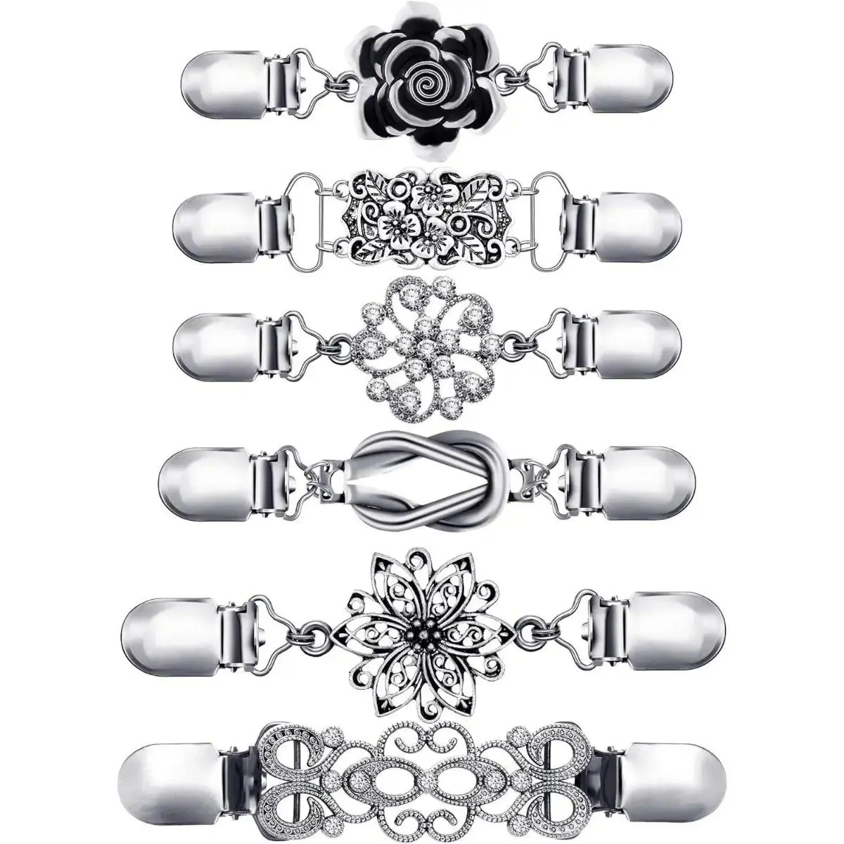 Vintage Cardigan Clips for Women, 6-Piece Zinc Alloy Set with Flower Motifs, Decorative Sweater & Shawl Clasps for Dresses, Clip-On Fit, 6-Pieces, Decorative Clips