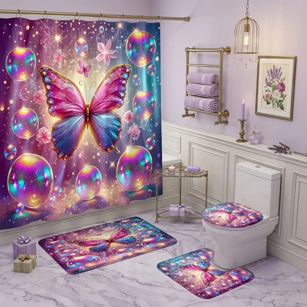 4pcs Magical Iridescent Bubble Butterfly Shower Curtain Set, Glitter Starry Sky, Floral Art, The floor mat fabric is thicker and softer! Romantic Bathroom Decor