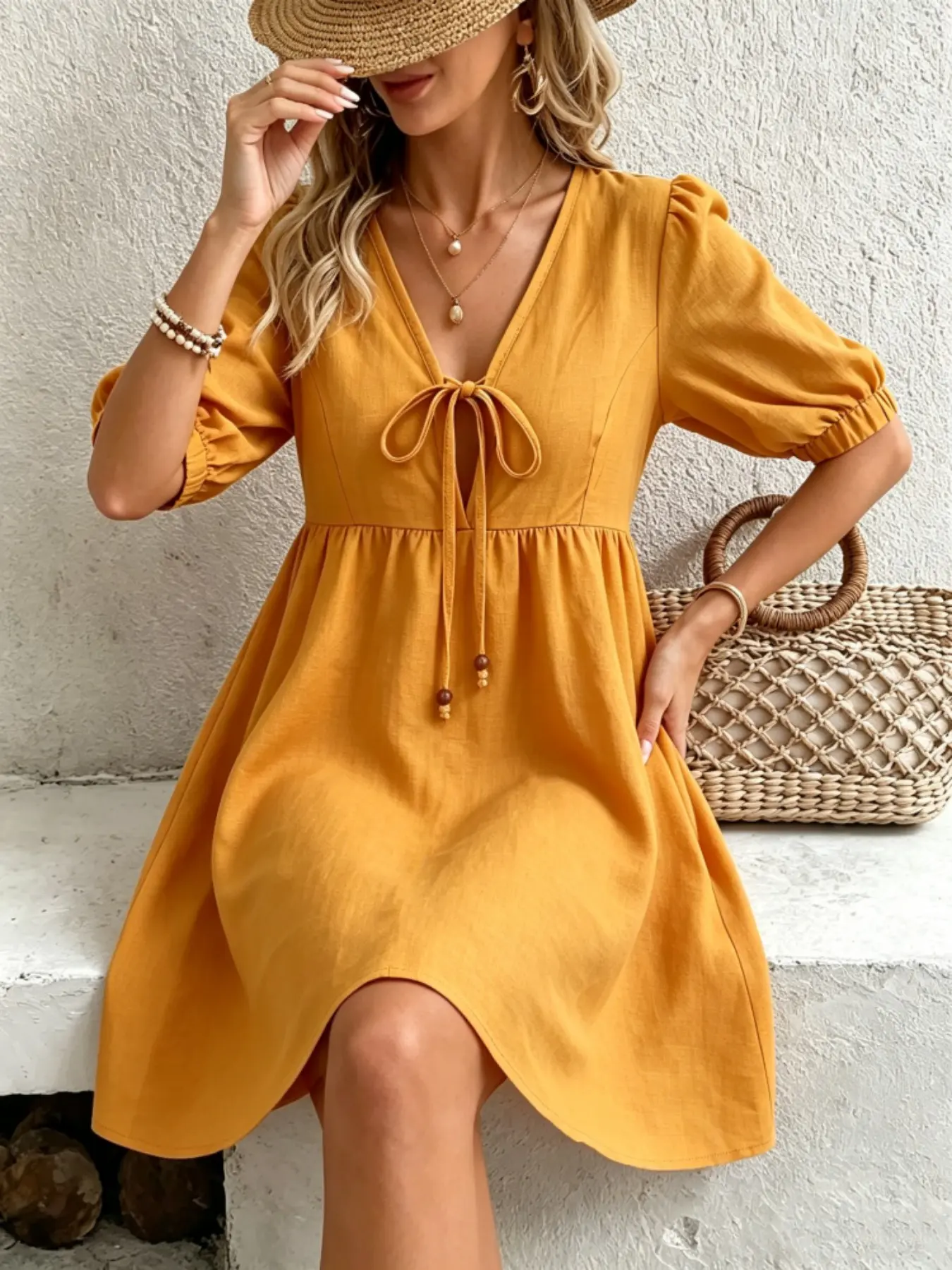 Women's V-Neck Bubble Sleeve Lantern Sleeve Ruffled Hem A-Line Skirt, Casual Daily Wear, Perfect for Outing and Vacation