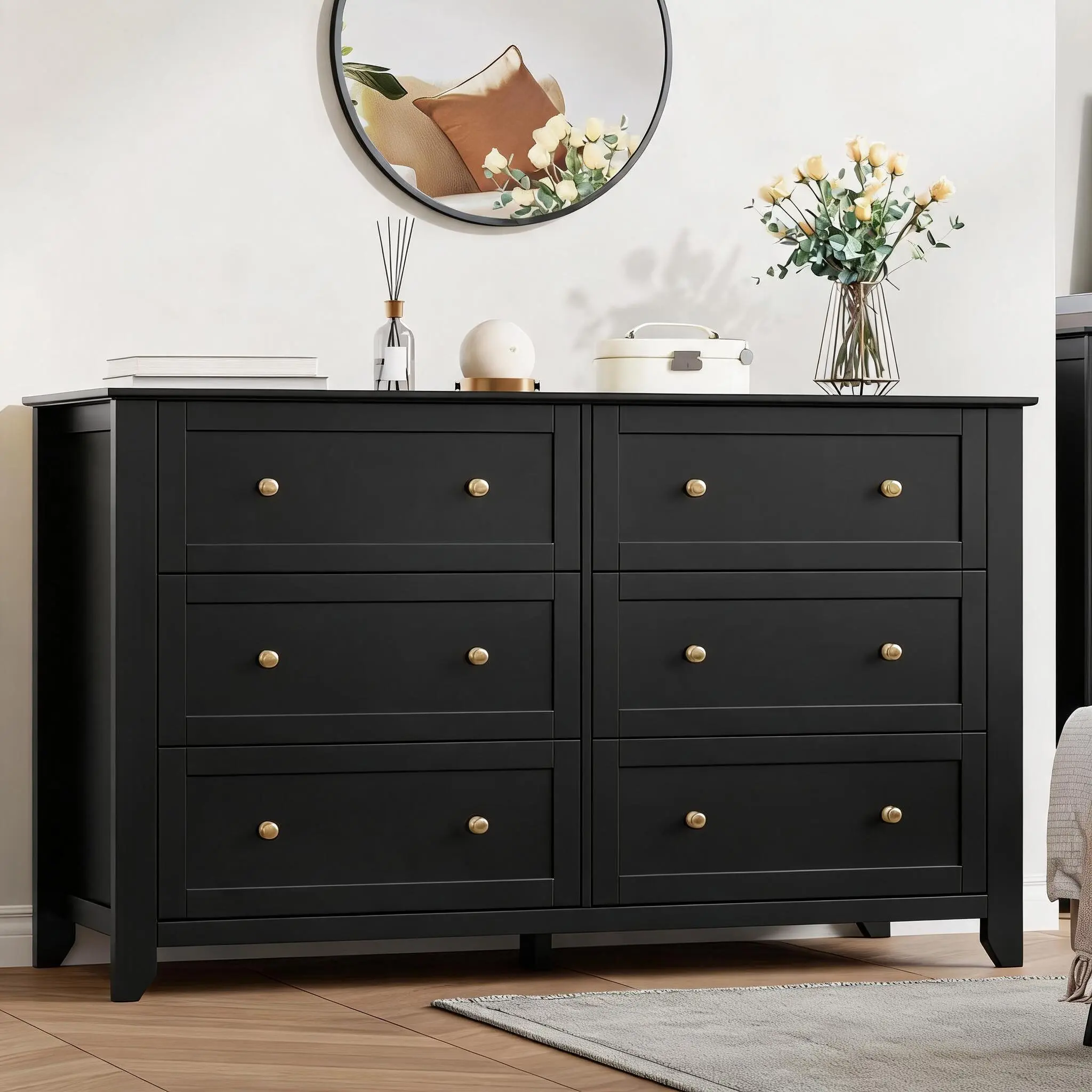 Modern 54" 6-Drawer Dresser for Bedroom, Black Chest of Drawers with Deep Storage & Metal Knobs, Large Wooden Clothing Organizer for Hallway