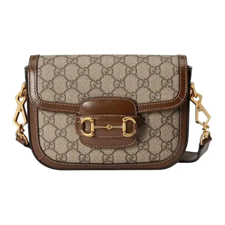 Gucci Horsebit 1955 Saddle Bag – Unisex Vintage Gold-Tone Logo Stripe Canvas and Leather Crossbody Bag in Ebony and Beige