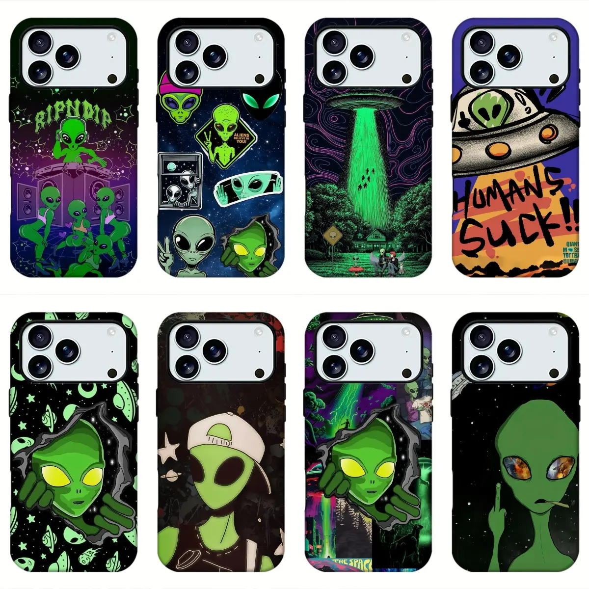 Green Alien UFO Space Cartoon Print Phone Case, Retro Streetwear Alien Graphic Shockproof Trendy Protective Mobile Phone Shell for iPhone11 12 13 14 15 16 17pro max and Samsung S21-S26 .Perfect for Her/HimGirly Phone gift