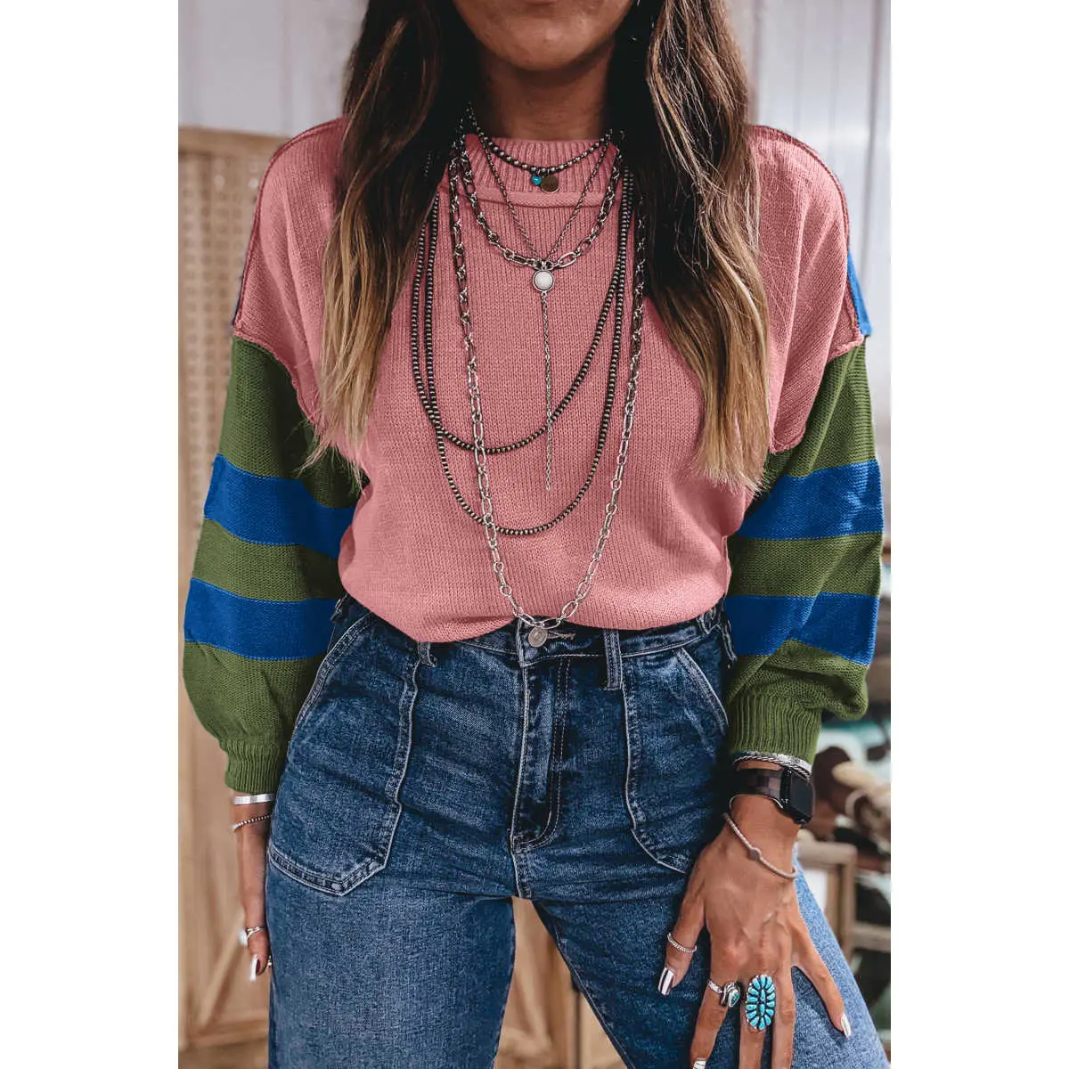 Multicolour Western Colorblock Patchwork Striped Long Sleeve Pullover Sweater