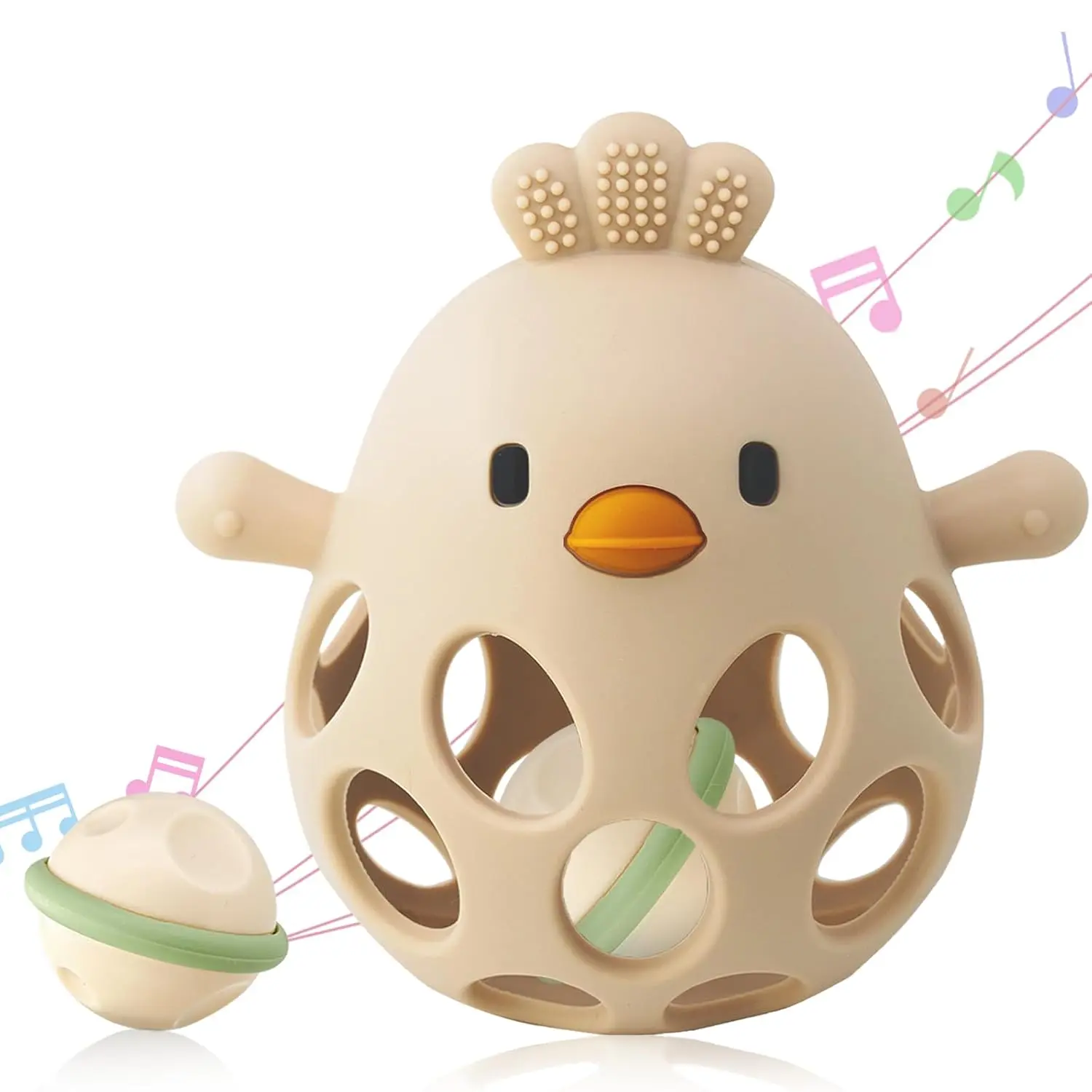 2-in-1 Baby Teething Rattle Toy, Sensory Grasping Teether  Infants 3-12 Months, 100% Food-Grade Silicone, Easy to Hold, Soothing & Developmental, BPA Free