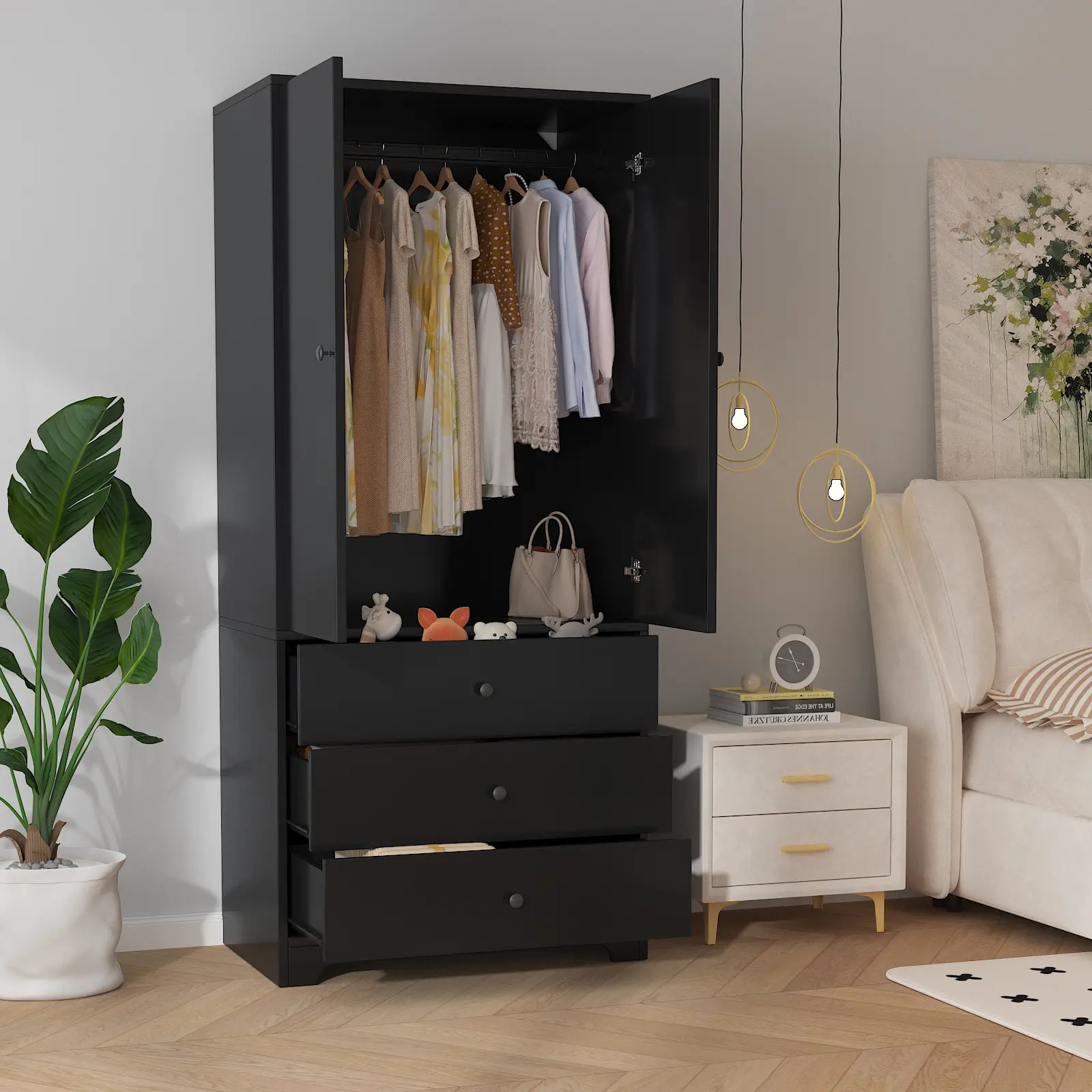71" Armoire Wardrobe Closet, Modern Wooden Bedroom Armoire with 3 Drawers & 2 Doors，Clothing Storage Cabinet with Aluminum Hanging Rod, Locker