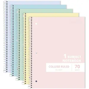1 Subject Spiral Notebook, 5 Pack, College Ruled, 8" x 10-1/2", 70 Sheets, 3-Hole Punched Paper,Subject Notebook for School, Study,  Colors