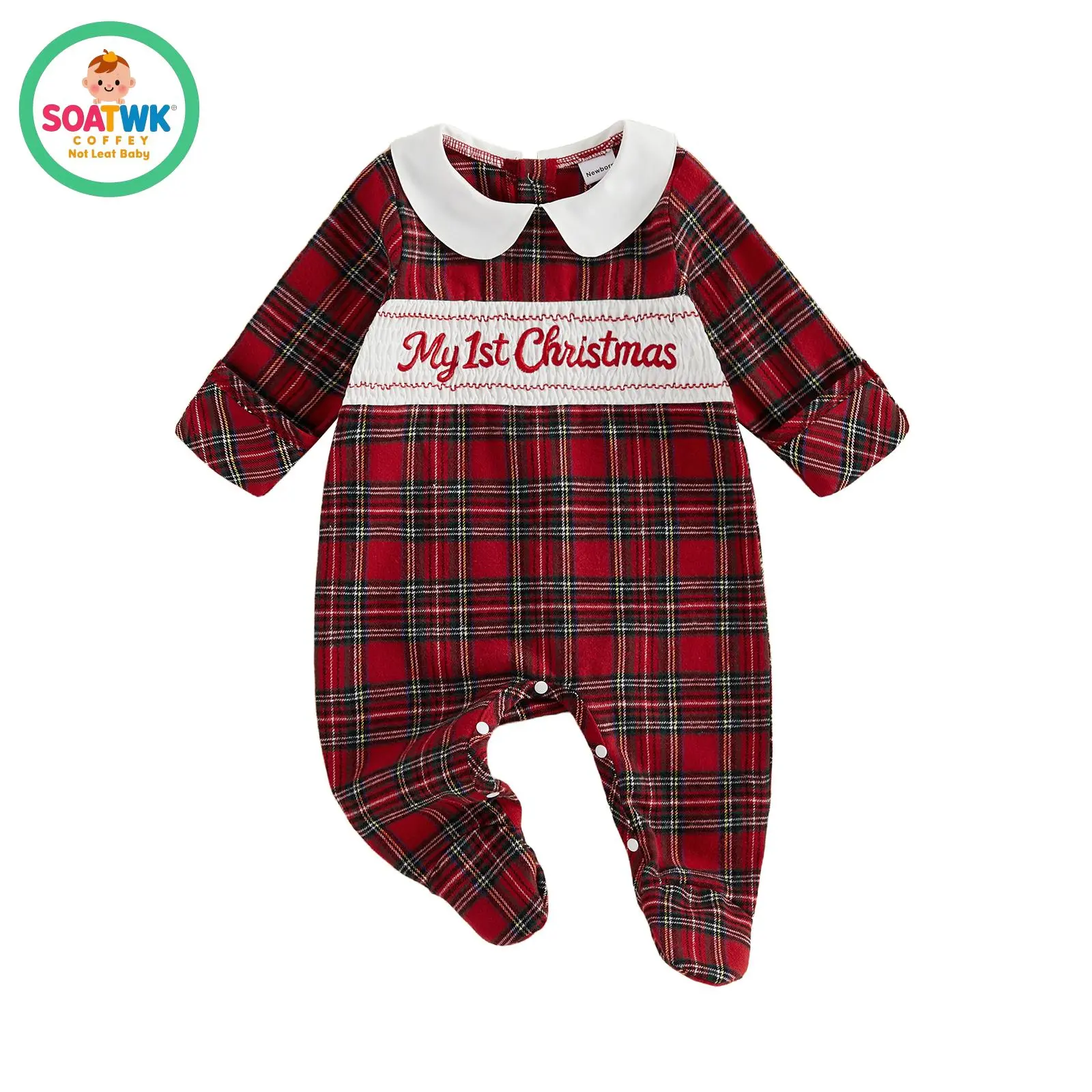 Baby Boy Christmas Romper Long Sleeve Plaid Print Jumpsuit Footies