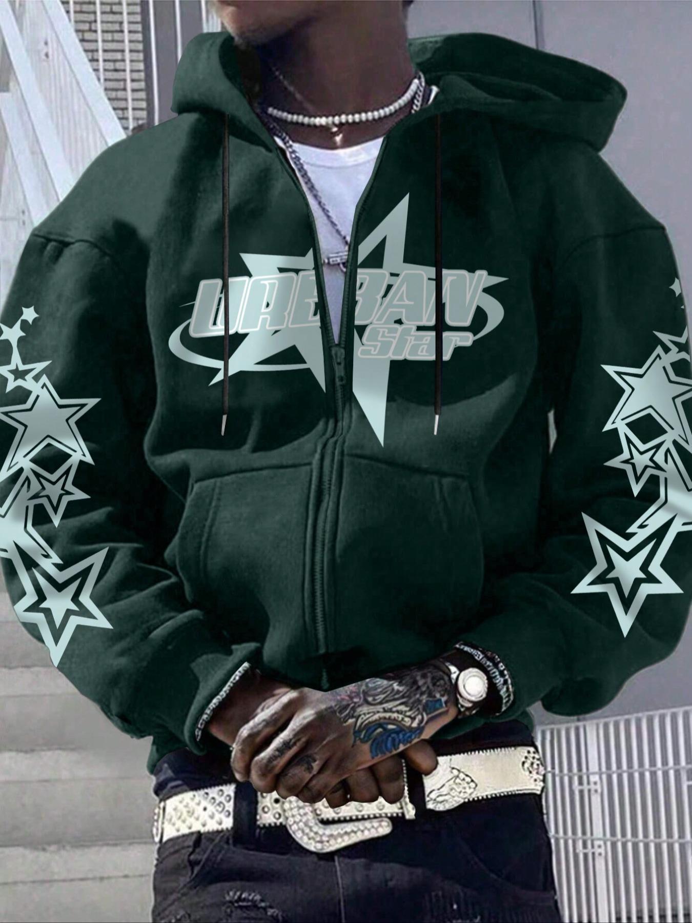 Men's Star Print Drop Shoulder Hoodie, Fashion Casual Regular Fit Drawstring Pocket Hooded Sweatshirt for Daily Holiday Outdoor Wear, Men Clothes for Fall & Winter, Streetwear Hoodie, Drawstring Pocket Hoodies