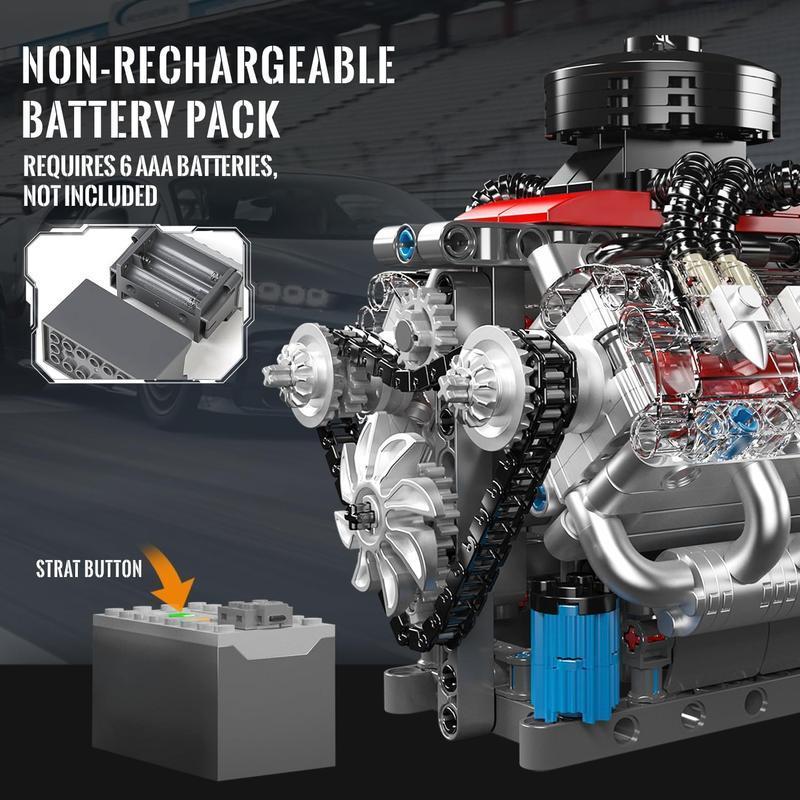 V8 Engine Building Blocks Electric Toy, Mechanical Kit Bricker Build Sets for Boys, Model Building Kits, Assembly Puzzle Gift, Requires 6 Aaa Batteries, Unisex Birthday Present, Building Block Model, Diy Assembly Kit