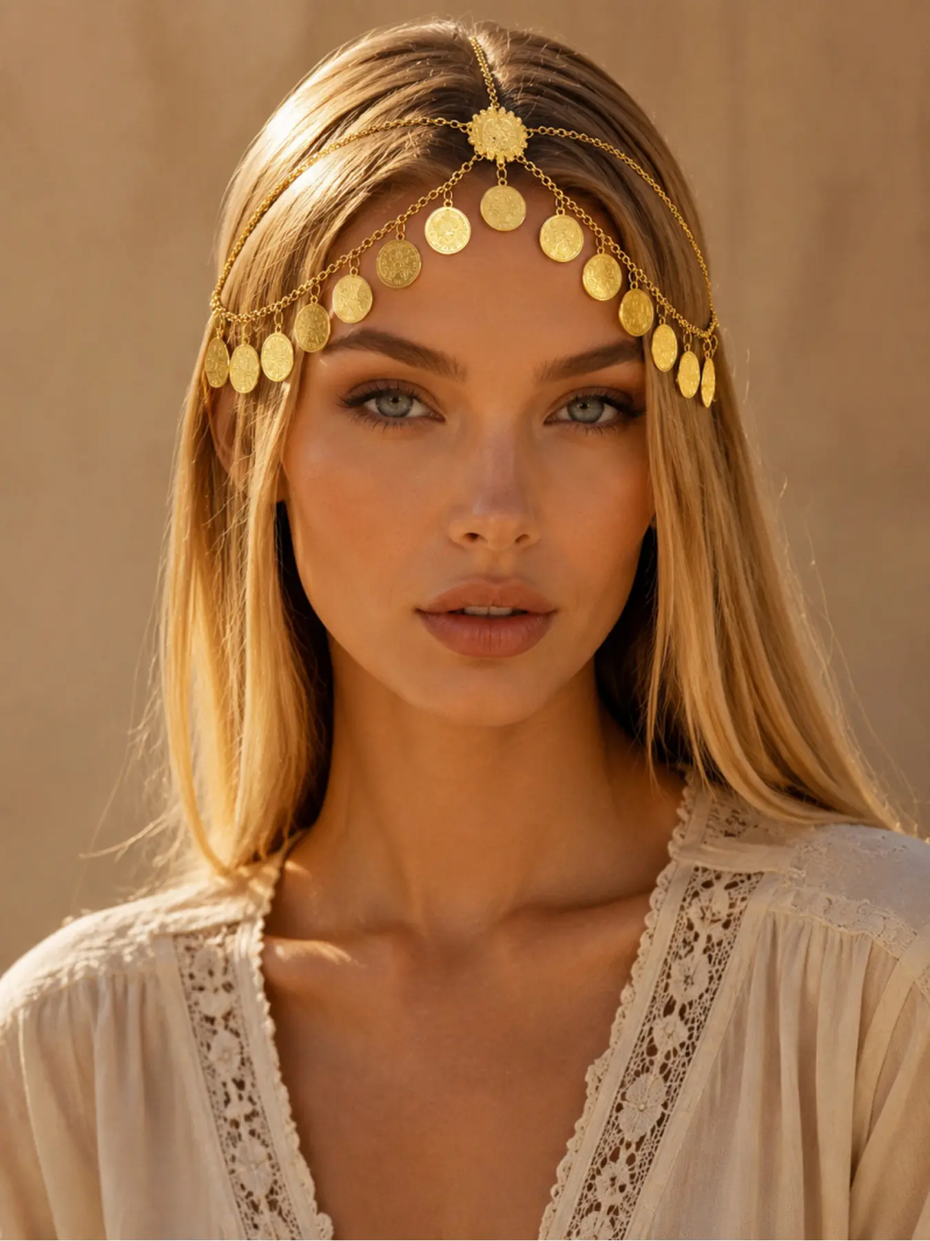 Boho Gold Coin Head Chain for Women, Vintage Festival Forehead Jewelry, Arabian Inspired Hair Chain Headpiece, Layered Dangle Charm Headband for Beach Wedding, Party, Halloween, Birthday Gift