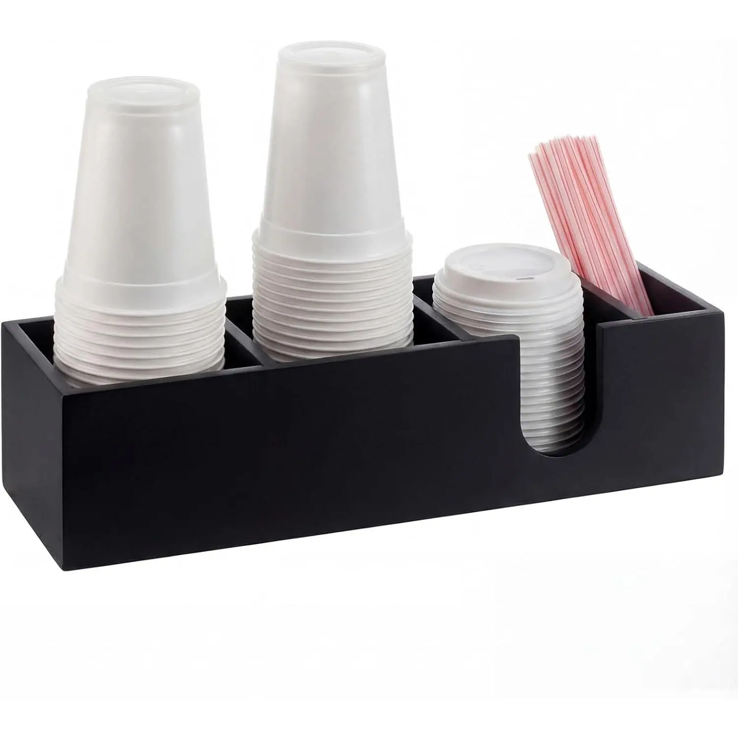 Pine Wood Coffee Cup Holder for Countertop with 4 Compartments Cup Lid and Straw Dispenser Coffee Station Organizer Bar Accessories for Breakroom Restaurant, 15.3 x 4.7 x 4(Black)