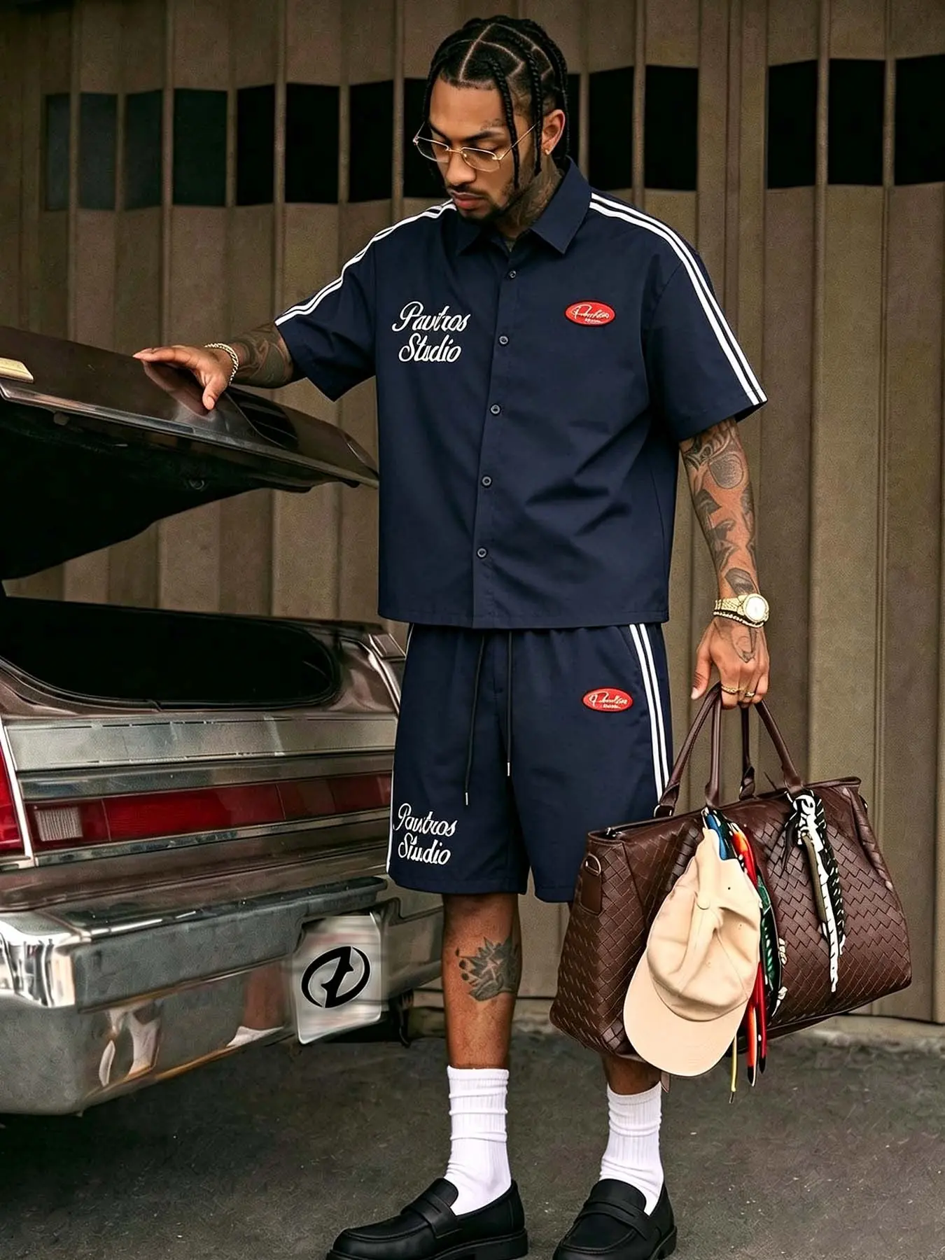 Men's dark blue two-piece sportswear set with white side stripes, short-sleeve button-up shirt & drawstring shorts set, vintage hip-hop everyday skateboarding summer set, a perfect choice for casual street and night-out looks.