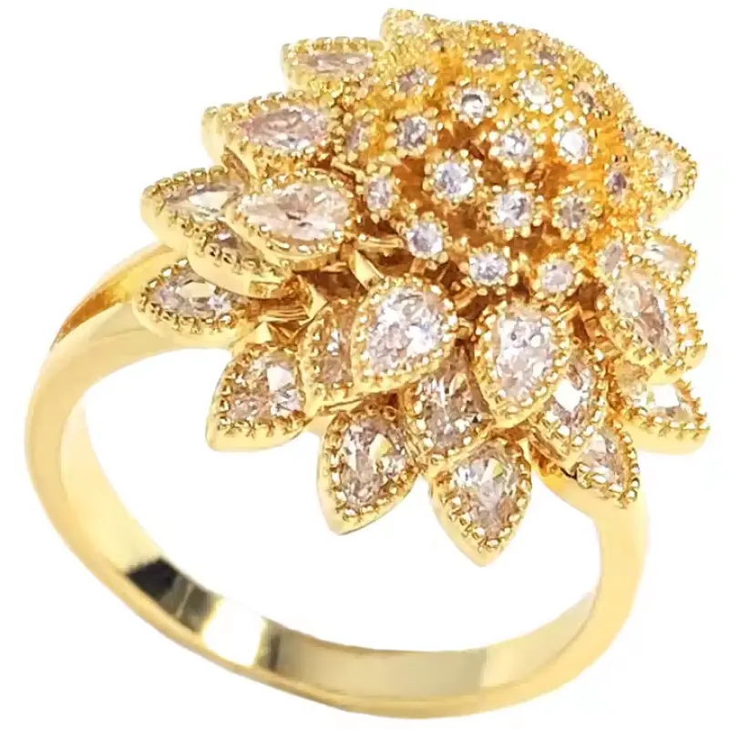 Flower Adjustable Open Gold Ring for Women - Trendy Elegant Unique Cubic Zirconia Enamel Front Open Floral Leaf Easter Jewelry Gift-flower gold