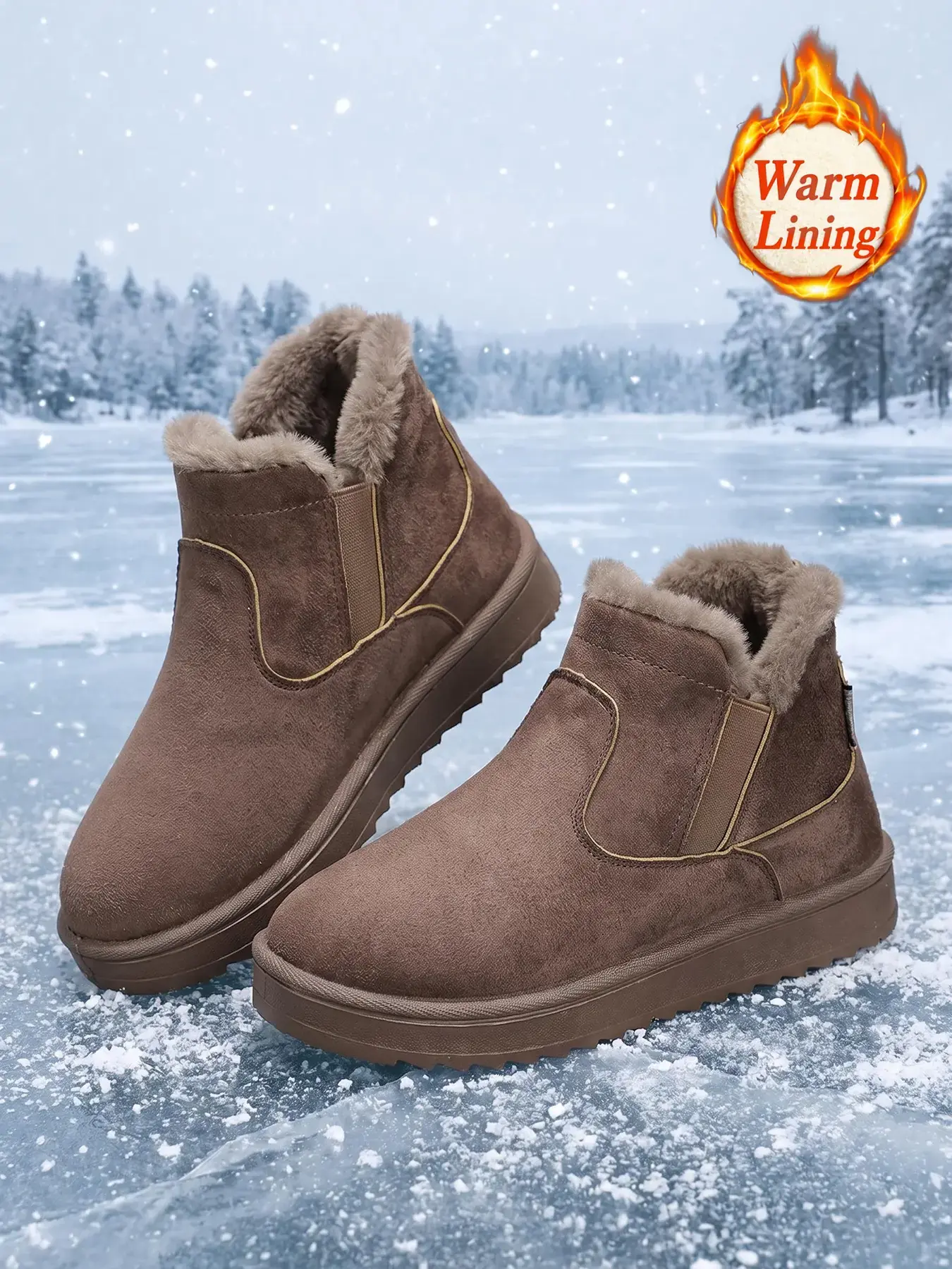 1 Pair Ladies Suede Slip-On Snow Booties, Soft Warm Fleece for Autumn Winter Casual Daily, Fall Winter Footwear