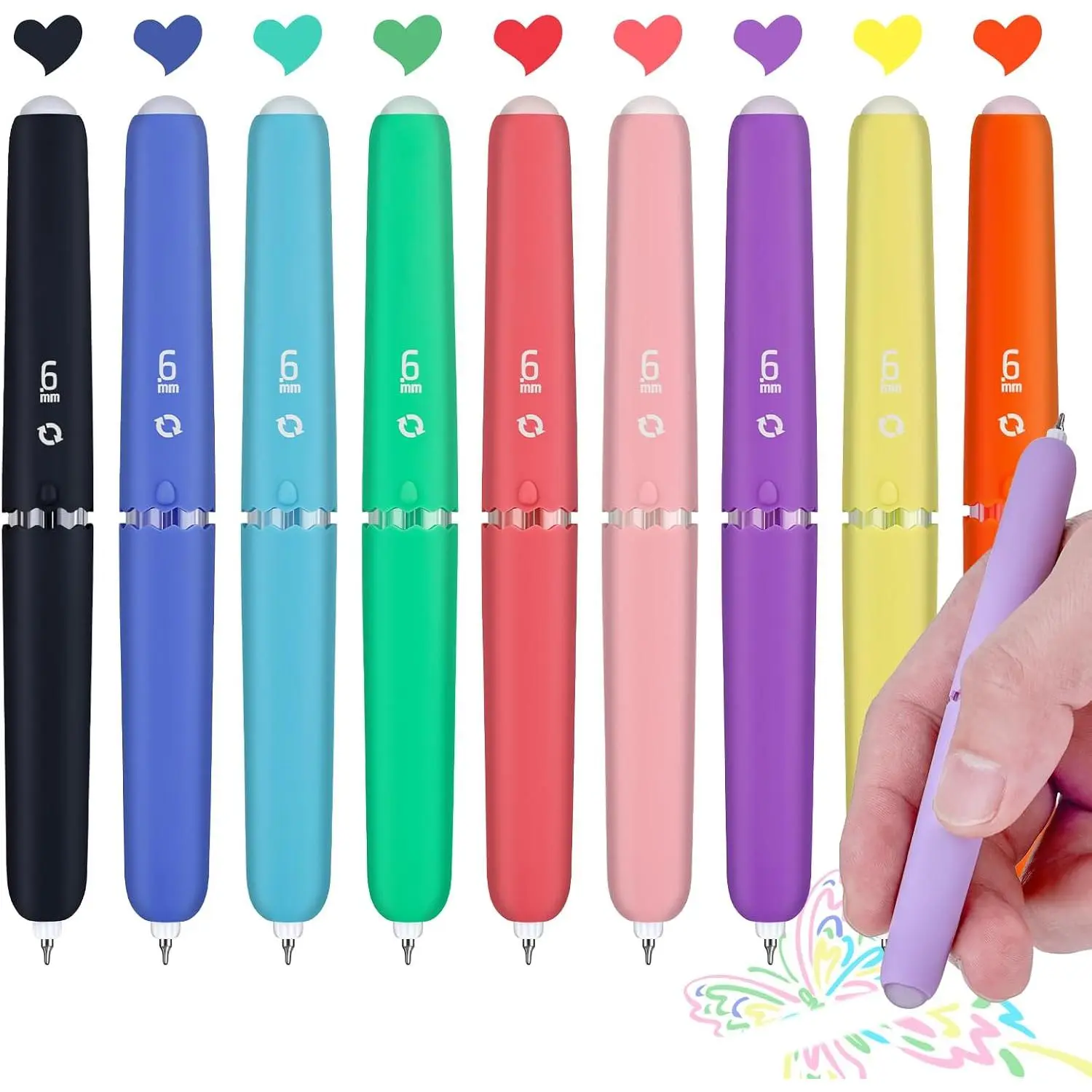 9 Colors Rotation Erasable Gel Pens, 0.6 mm  Color, Rainbow | Fine Point Multicolored Inks Pen Make Mistakes Disappear, Smooth Writing for Drawing, Writing, Crossword Puzzle School