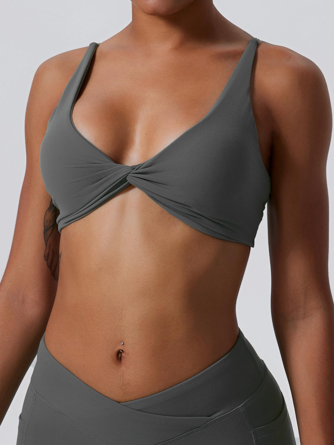 Women's Solid Twist Front Wireless Sports Bra, Casual Comfy Breathable High Stretch Yoga Bra, Ladies Sportswear for Indoor Outdoor Wear