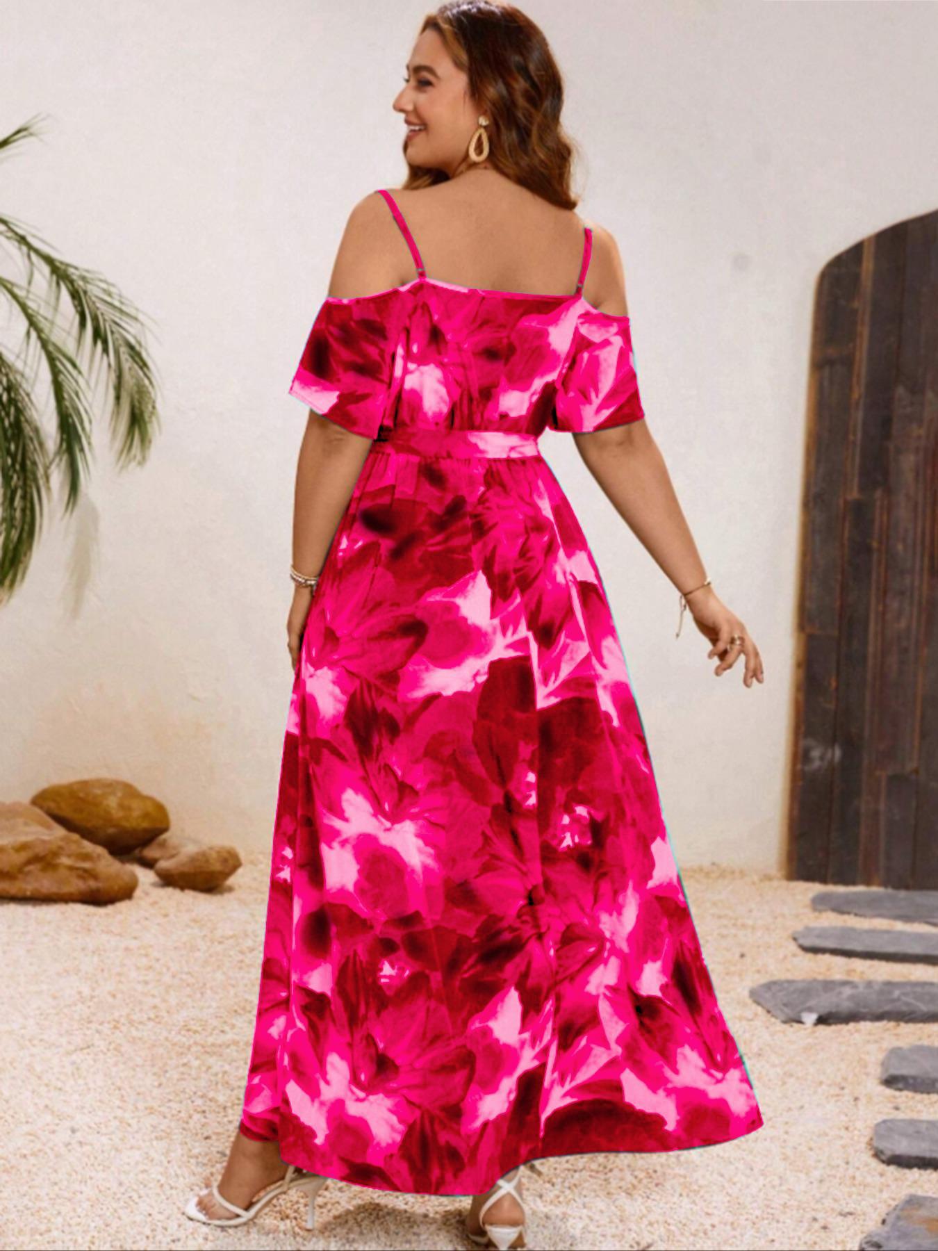 【Plus Size】 All Over Print Cold Shoulder Dress, Boho Short Sleeve Dress for Beach Holiday Vacation, Women's Clothes for Summer, Boho Style Dresses