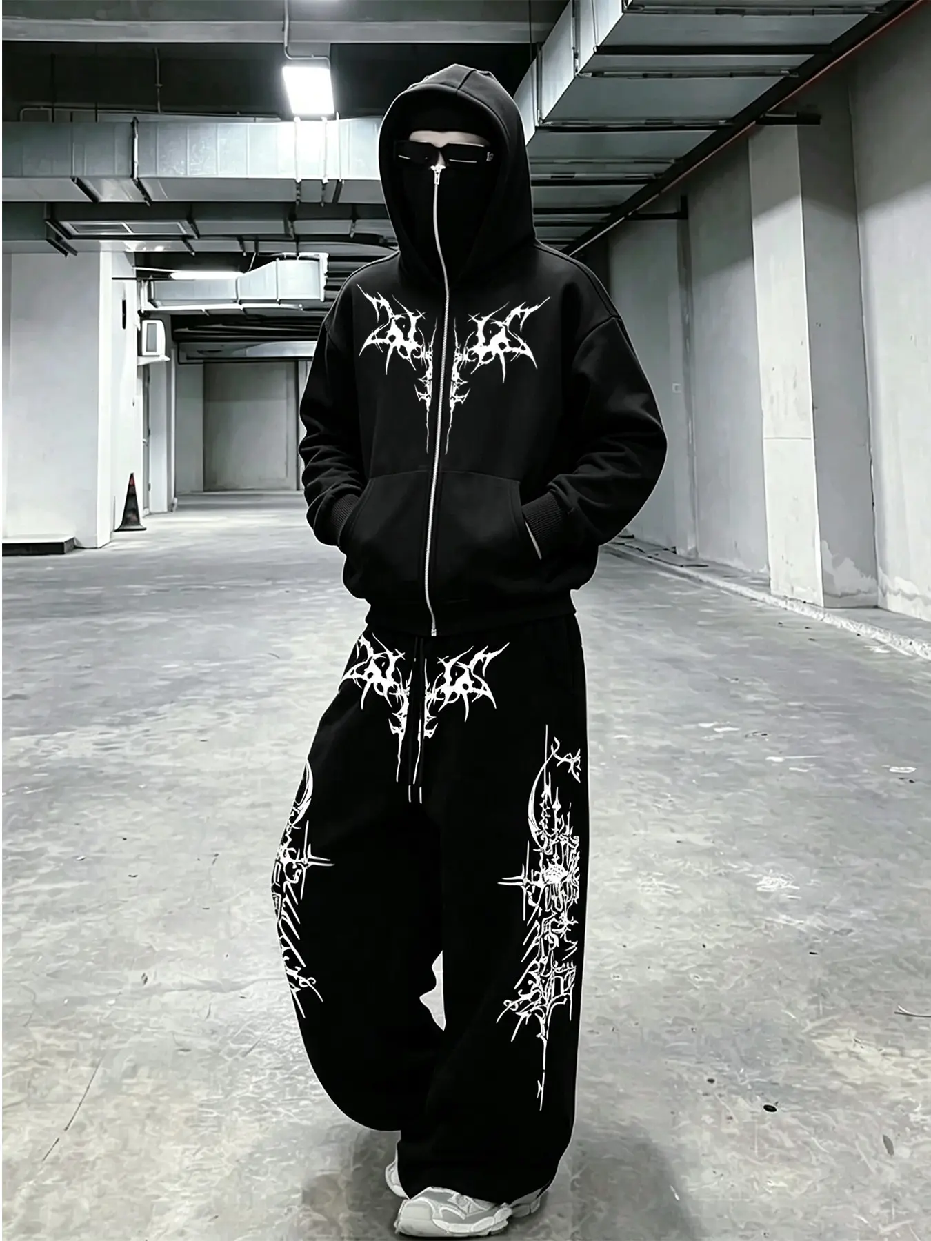 Men's 2-Piece Gothic Tracksuit Consisting Of Zip-Up Hoodie And Wide Leg Sweatpants, Printed With Dark Thorn Line Totem Patterns, Suitable For Streetwear, Hip Hop Style And Daily Casual Wear