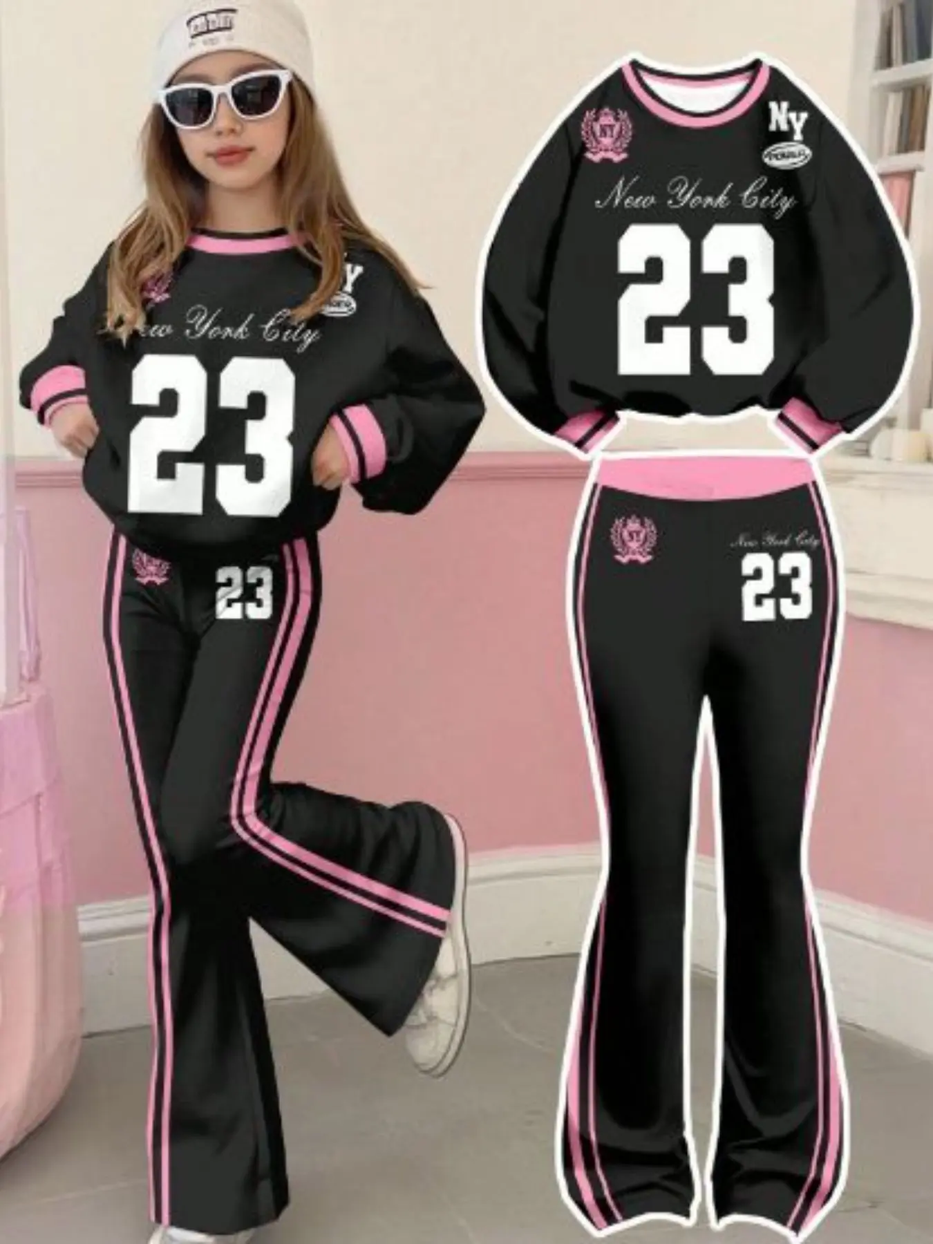 2-Piece Teen Girl Set, Cute Back-To-School Letter Stripe Colorblock Star Pattern Sweatshirt & Bell Bottom Pants, Casual Loose-Fit