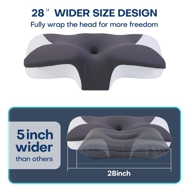 Extra-wide, oversized neck pillow High-quality supportive memory foam pillow Two heights available Washable, breathable pillowcase Enlarged armrest area for Side Sleep Stomach Sleeping and Back Sleepers