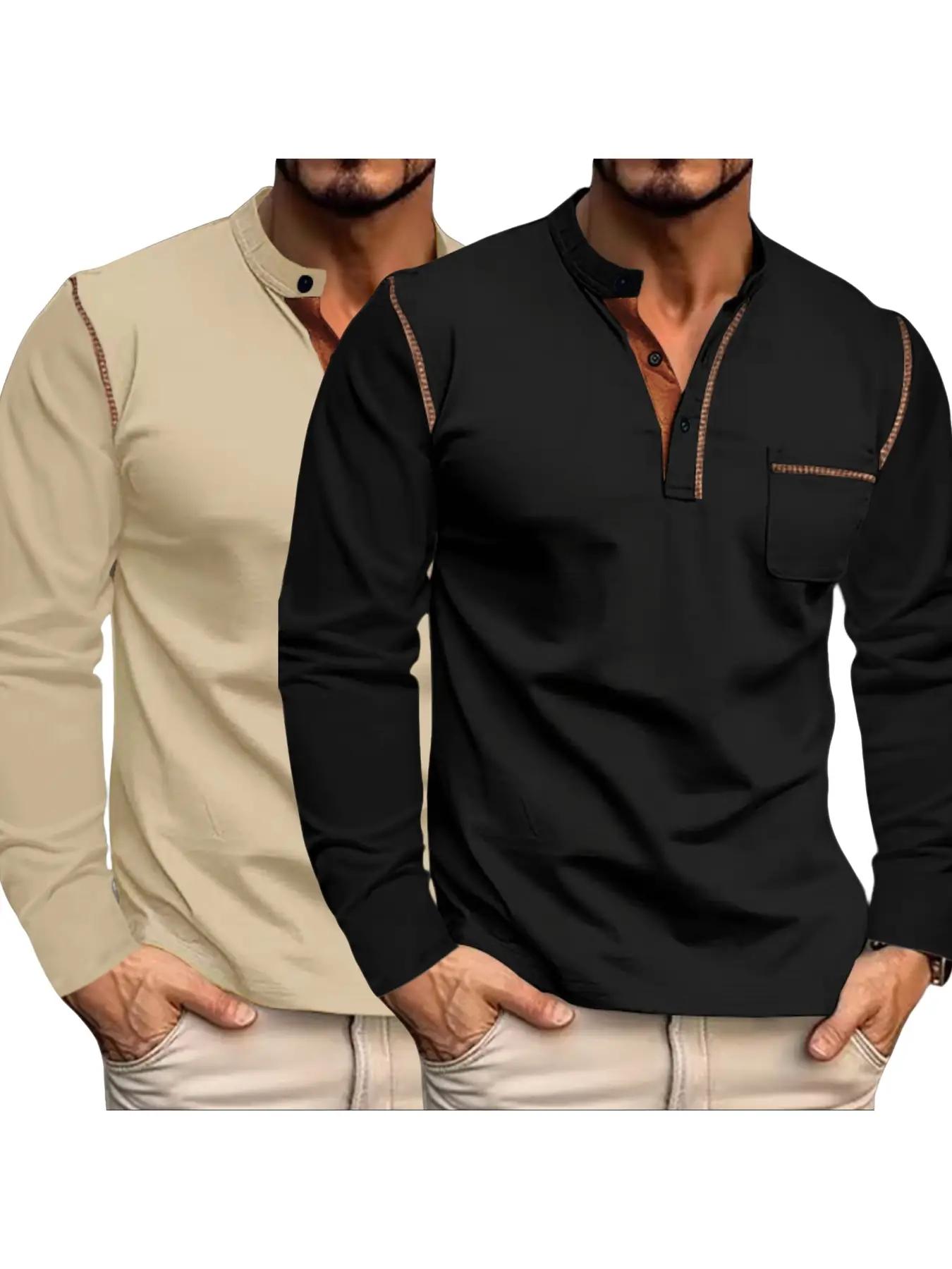 Men's Regular Fit Long Sleeve Pocket T-shirt, Casual Button Front Mock Neck Top for Spring & Fall, Fashion Men's Clothes for Daily Wear