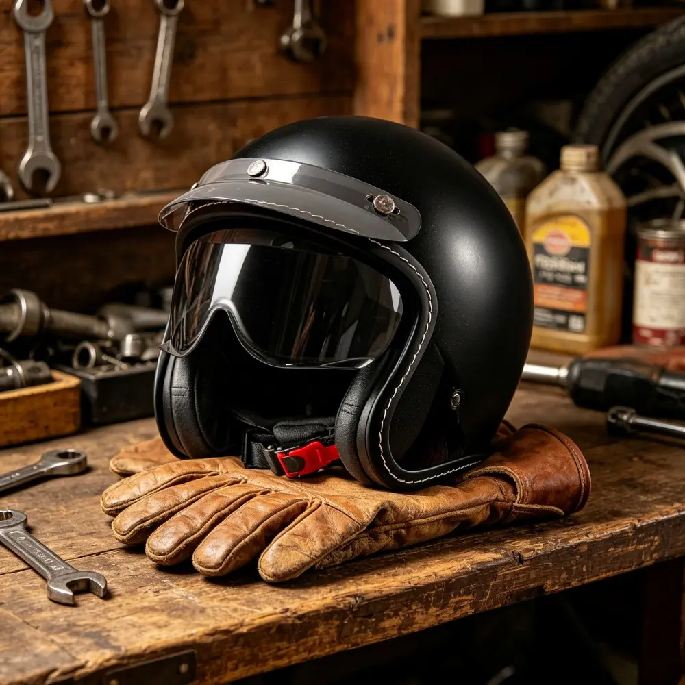 Classic Matte Retro Motorcycle Half Helmet, Half Face Helmet, Removable Sunglasses, Leather Trim, Commuter Safety Helmet, Riding Helmet, Hidden Visor