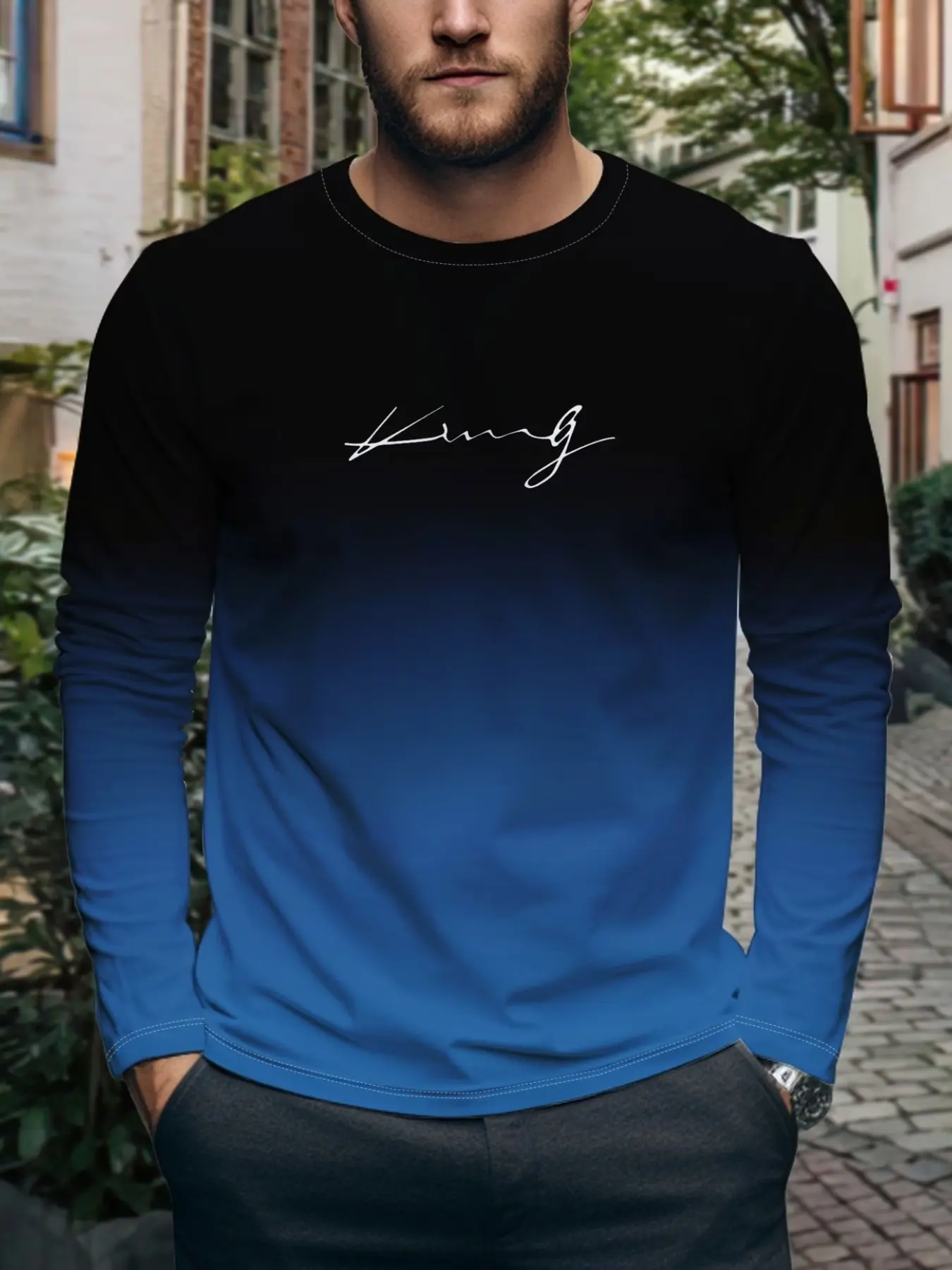 Men's Gradient Round Neck Long Sleeve Fashion T-Shirt, Trendy Digital Print, Versatile Casual Top, All Seasons Wear, Menswear