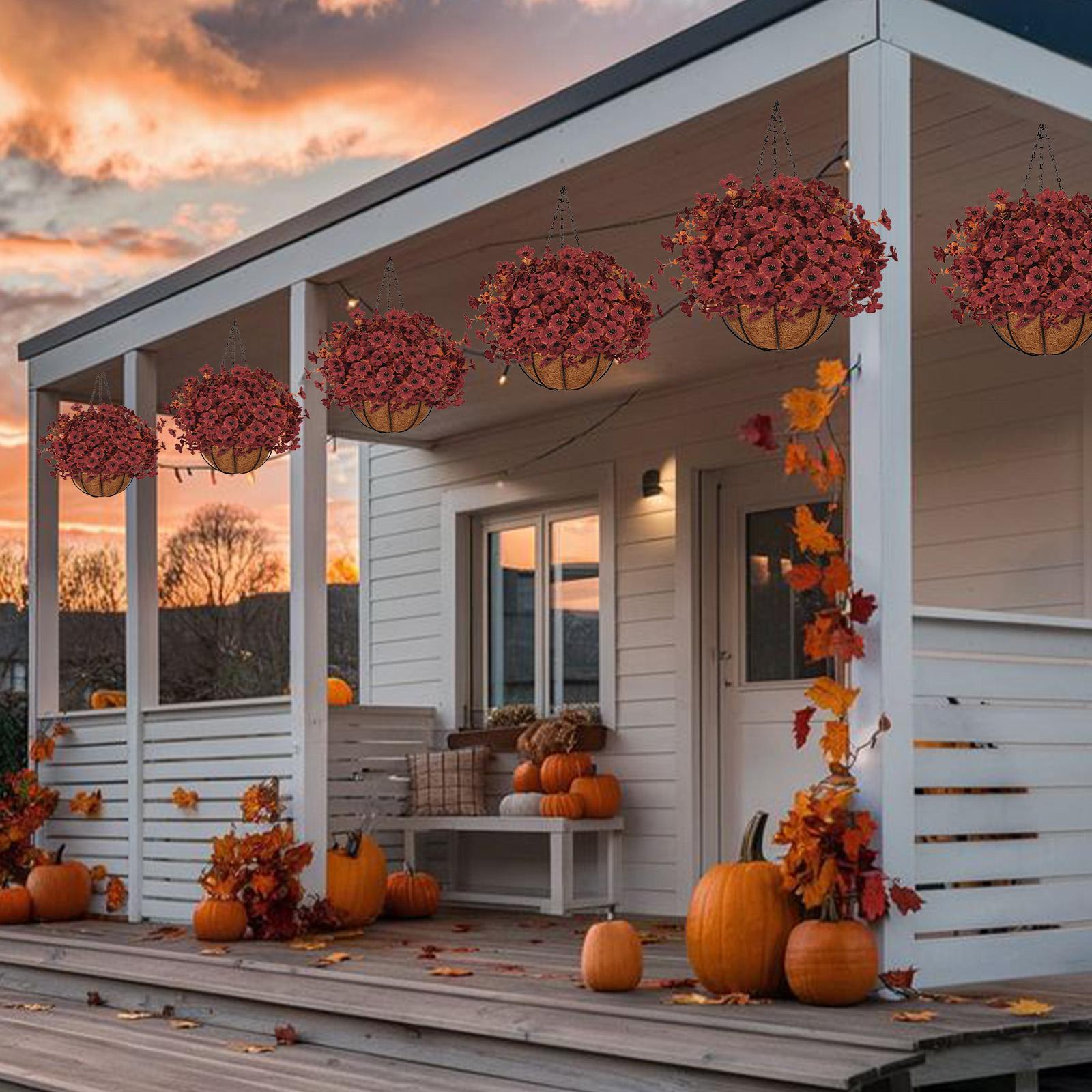 Autumn Outdoor Artificial Flower Hanging Basket, Porch Garden Decoration, Durable & Weather-Resistant, Perfect for Fall Decor