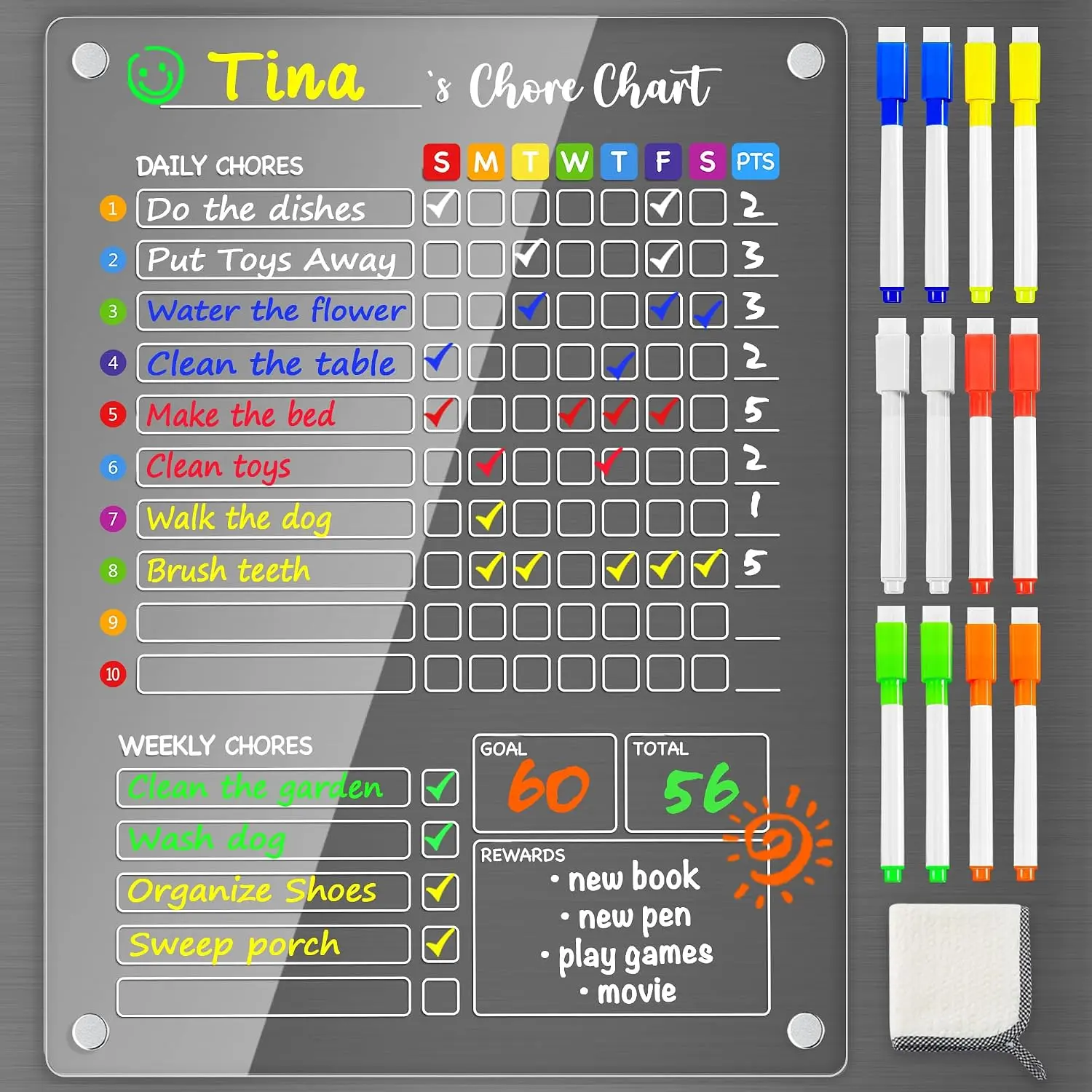 Chore Chart for , 12"x16"  Responsibility Chart, Chores Checklist, 1 Weekly Dry Erase Fridge Board for Teens Adult Family Multiple , w/ 12 Markers & Towel