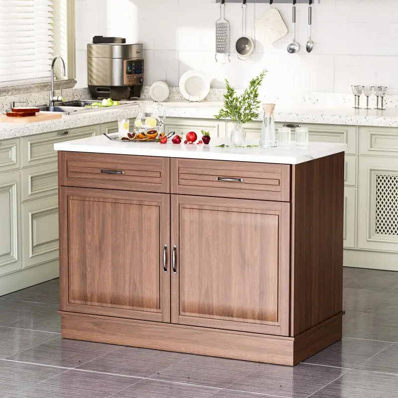 48" Coffee Walnut Kitchen Island Table - Marble Countertop & Walnut Wood Grain, 2 Drawers & 2 Cabinets for Kitchen Storage